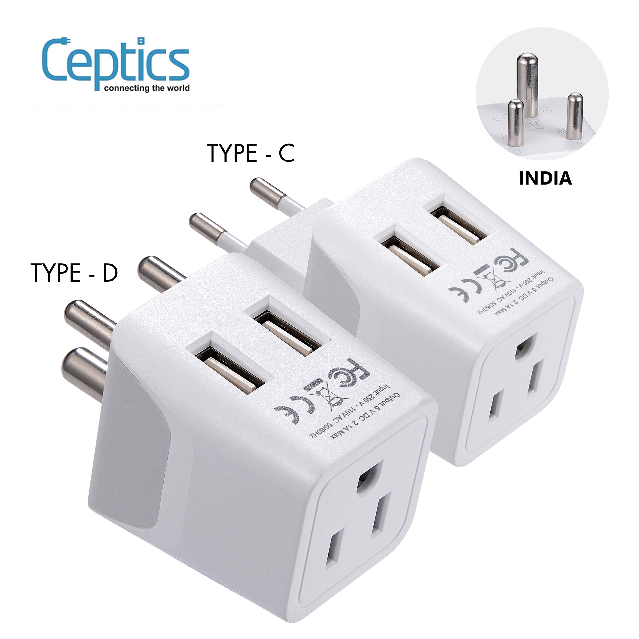 Ceptics India Travel Plug Set - with 2 USB + USA Socket Input - Type C and Type D- Ultra Compact - Safe Grounded Perfect for Cell Phones, Laptops, Camera Chargers