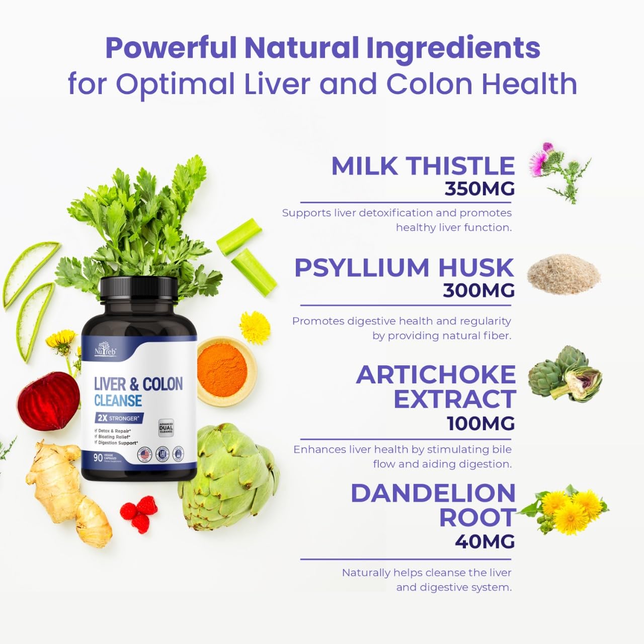Nutreb Liver Detox & Colon Cleanse - 2X Stronger Cleanse - Liver Cleanse Detox & Repair - Colon Cleanser & Detox - Premium Liver Support Supplement - Men & Women - Vegan 90 Capsules