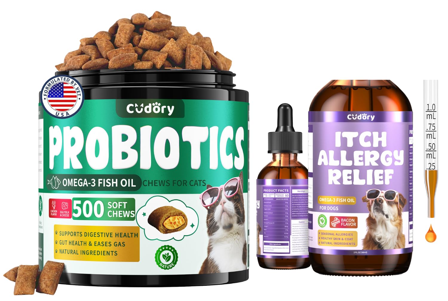 Gut & Digestive Skin Support for Cats and Dogs - Cat Probiotics Soft Chews + Dog Allergy Relief Drops- Healthy Skin, Coat,Gut Support for Cat or Dog Supplements & Vitamins