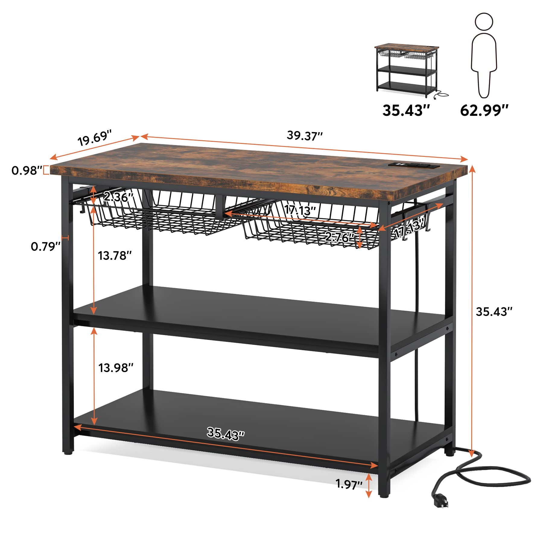 Tribesigns Kitchen Island with Storage, Industrial Island Table with Power Outlets and Wire Baskets, 3 Tier Microwave Oven Stand Butcher Block Island with Large Worktop, 4 Hooks, Rustic Brown