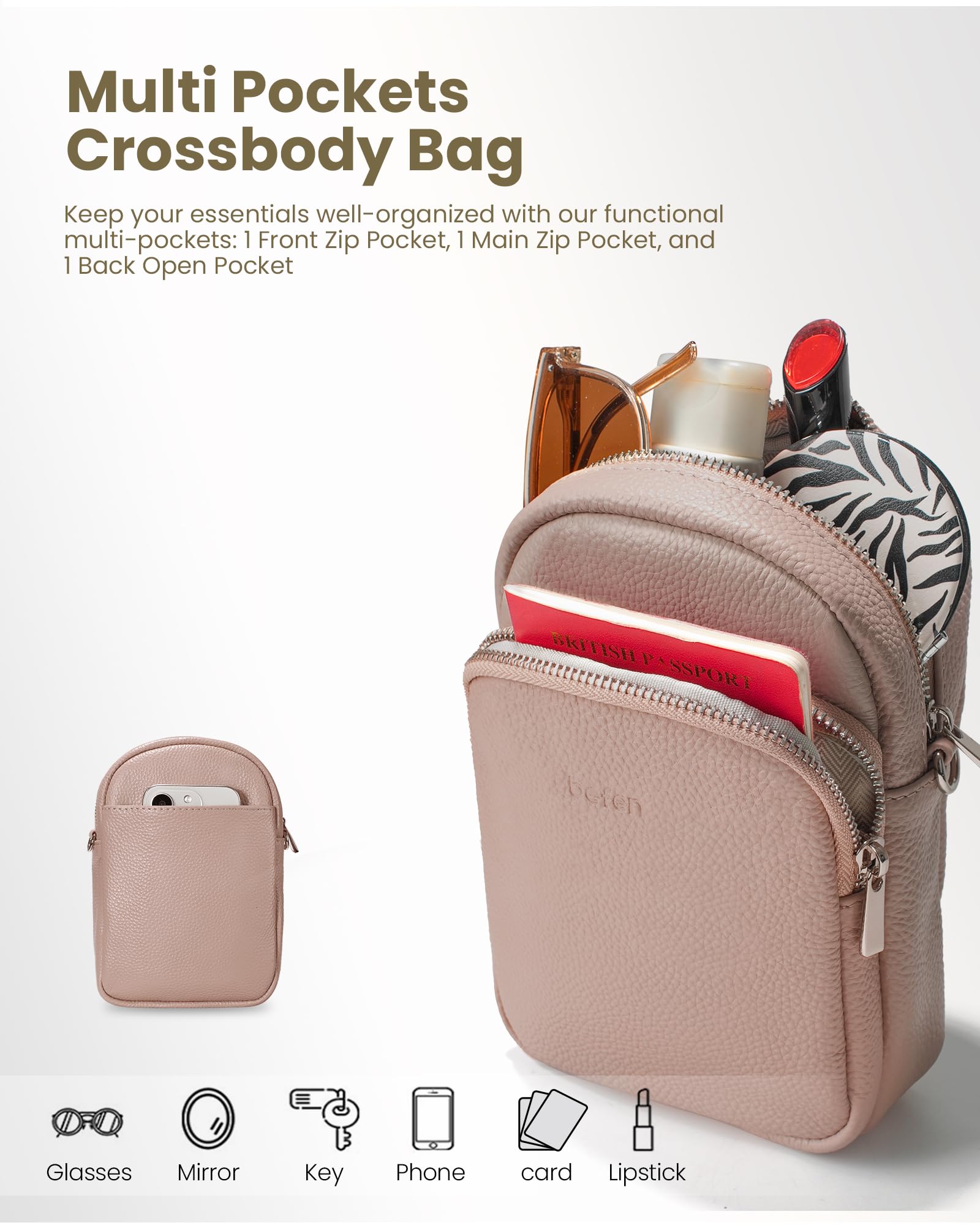 befen Nude Pink Genuine Leather Small Crossbody Bags for Women Cellphone Purses Shoulder Bag with RFID Blocking Card Slots