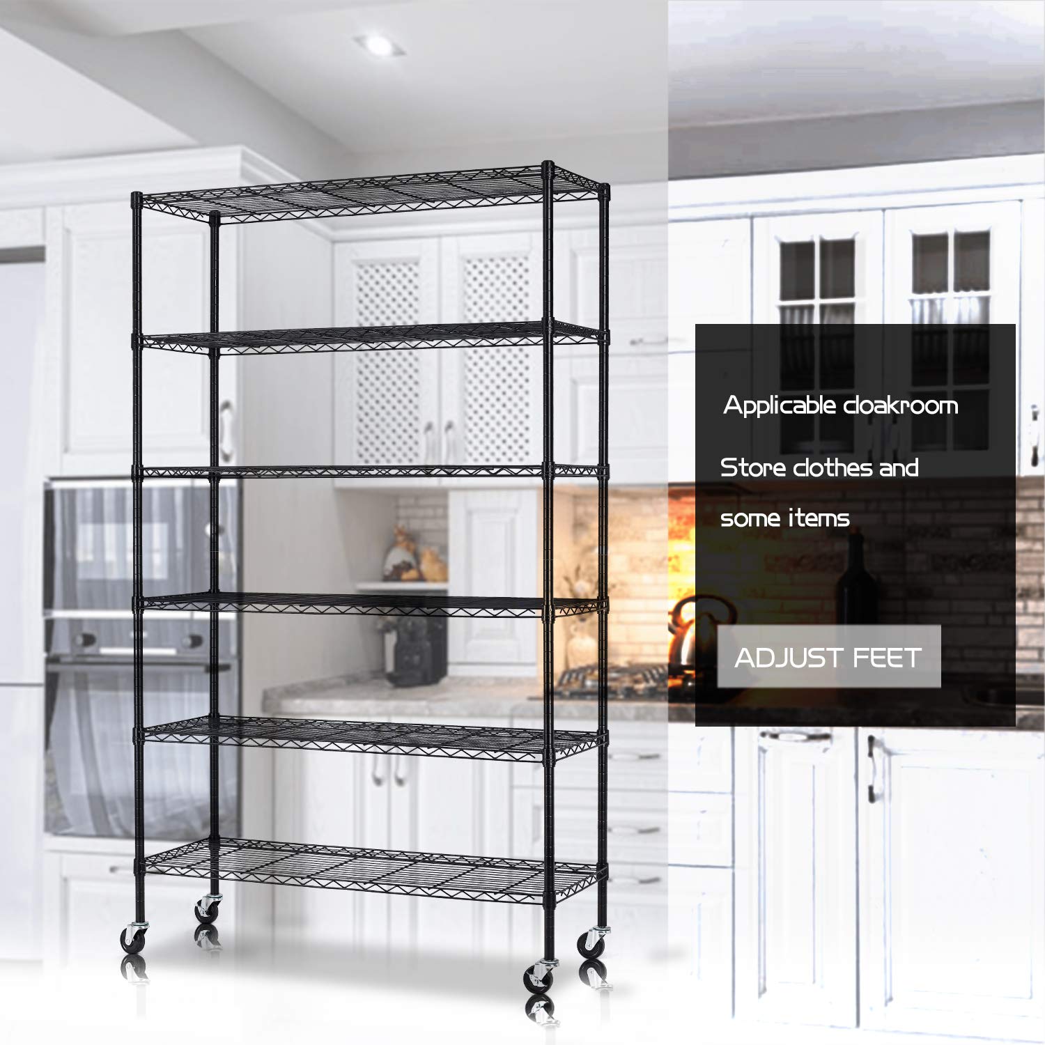 HCB 6-Tier Storage Shelf Heavy Duty Wire Shelving Unit 82"x48"x18" Height Adjustable Metal Steel Wire with Casters for Restaurant Garage Pantry Kitchen Rack (Black)