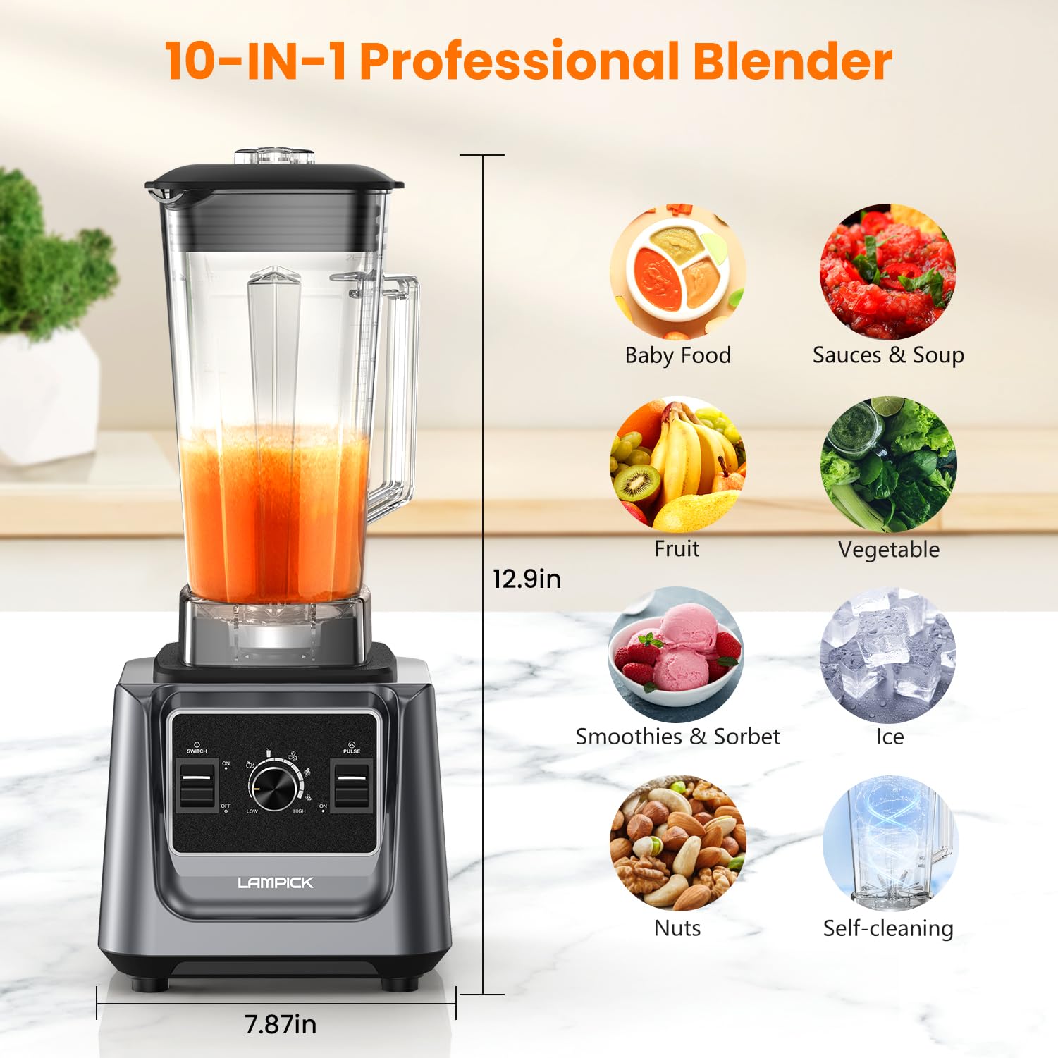 LAMPICK Blenders for Kitchen, 2000W Professional Grade High-Speed Countertop Blender with 68oz Pitcher & 27oz To-Go Cup for Smoothies, Ice, and Frozen Fruit, BPA-Free, Dishwasher Safe