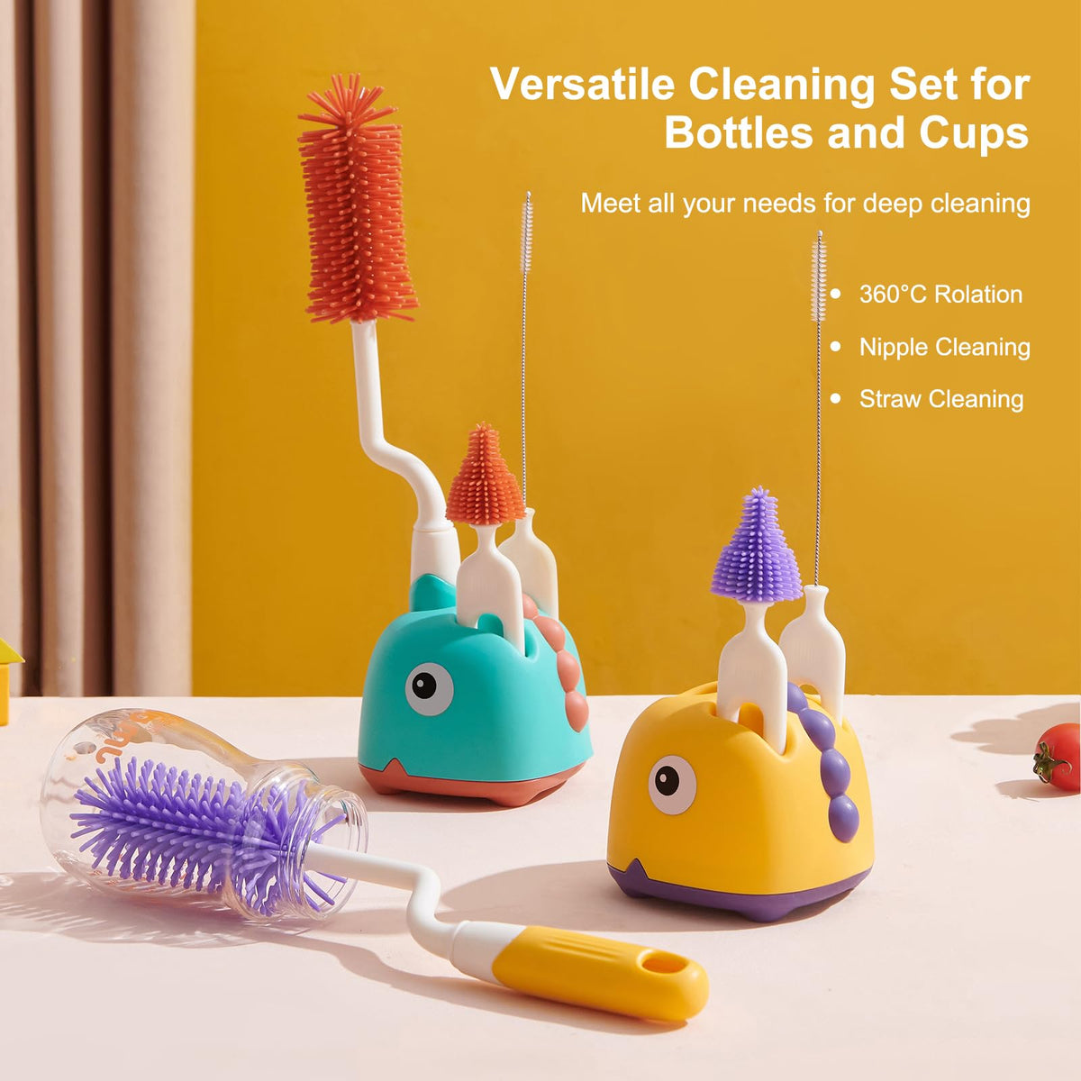 Rabbit Baba Silicone 4-in-1 Baby Bottle Brush Set,Nipple Brush, Bottle Brush, Straw Brush, Safe and Durable, Easy to Clean and Dry,4 Count,Cleaning Set,Uniform Storage Base,Draining Base (yellow Base)