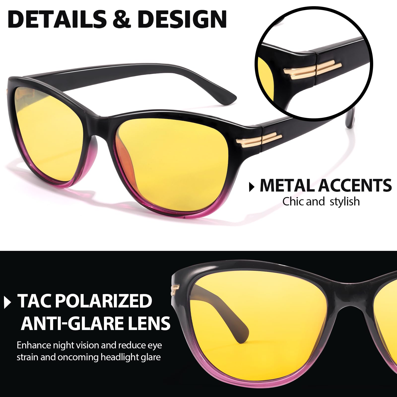 TJUTR Women’s Night Vision Driving Glasses, Polarized Yellow Tint Anti Glare & Enhanced Vision Eyewear for Nighttime Driving