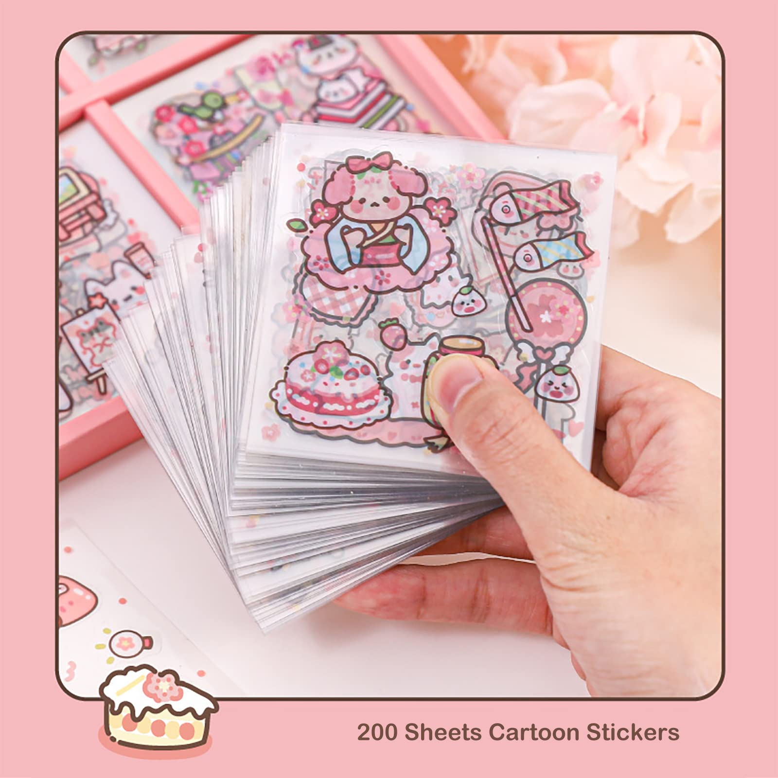 Doraking Waterproof Vinyl Transparent Flower Stickers, Kawaii Stickers for Notebook Laptop Scrapbook Journaling, 200 Sheets Cartoon Cute Stickers Boxed Gifts for Kids Teens Girls Boys