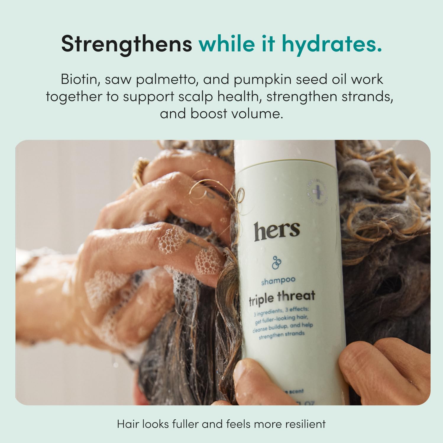 hers Triple Threat Shampoo & Conditioner Set - Biotin, Saw Palmetto, & Pumpkin Seed Oil Formula - Thickens & Hydrates - Color-Safe, Paraben-Free, Vegan - Napa Rose Scent - 6.4 Fl Oz, 2 Count