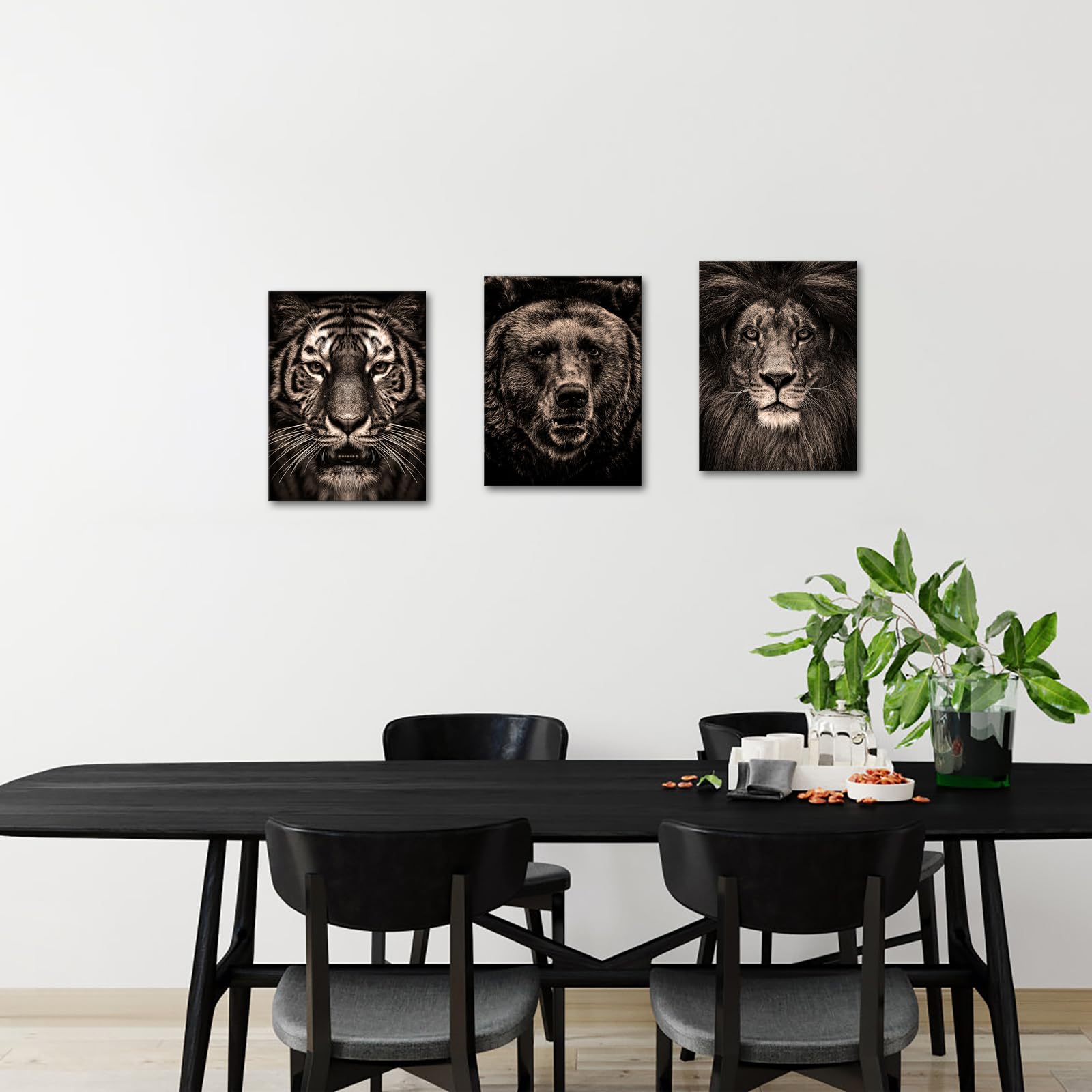 OuElegent Black and Beige Wildlife Canvas Wall Art Animal Tiger Bear Lion Portrait Picture Poster Artwork for Home Living Room Bedroom Office Wall Decoration 12"x16"x3pcs