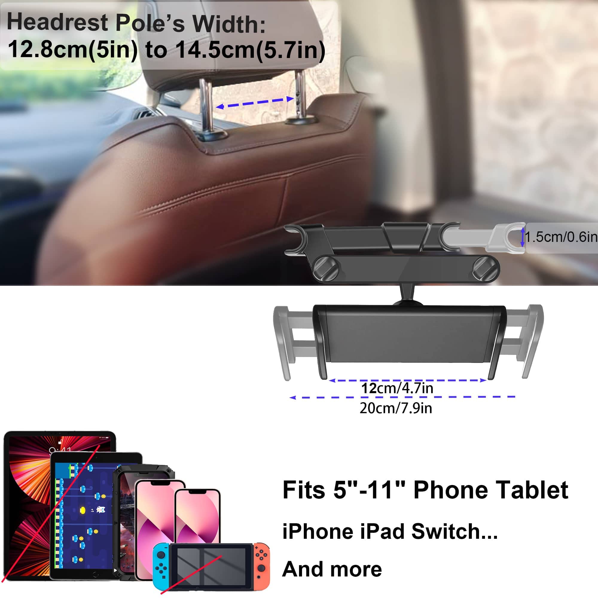 Timewall Car Headrest Tablet Mount Backseat Seat Universal Pad Phone Holder 360° Swivel Rotating Angle Adjustable Stretchable for iPad iPhone, Galaxy, Switch, 5-11" Device