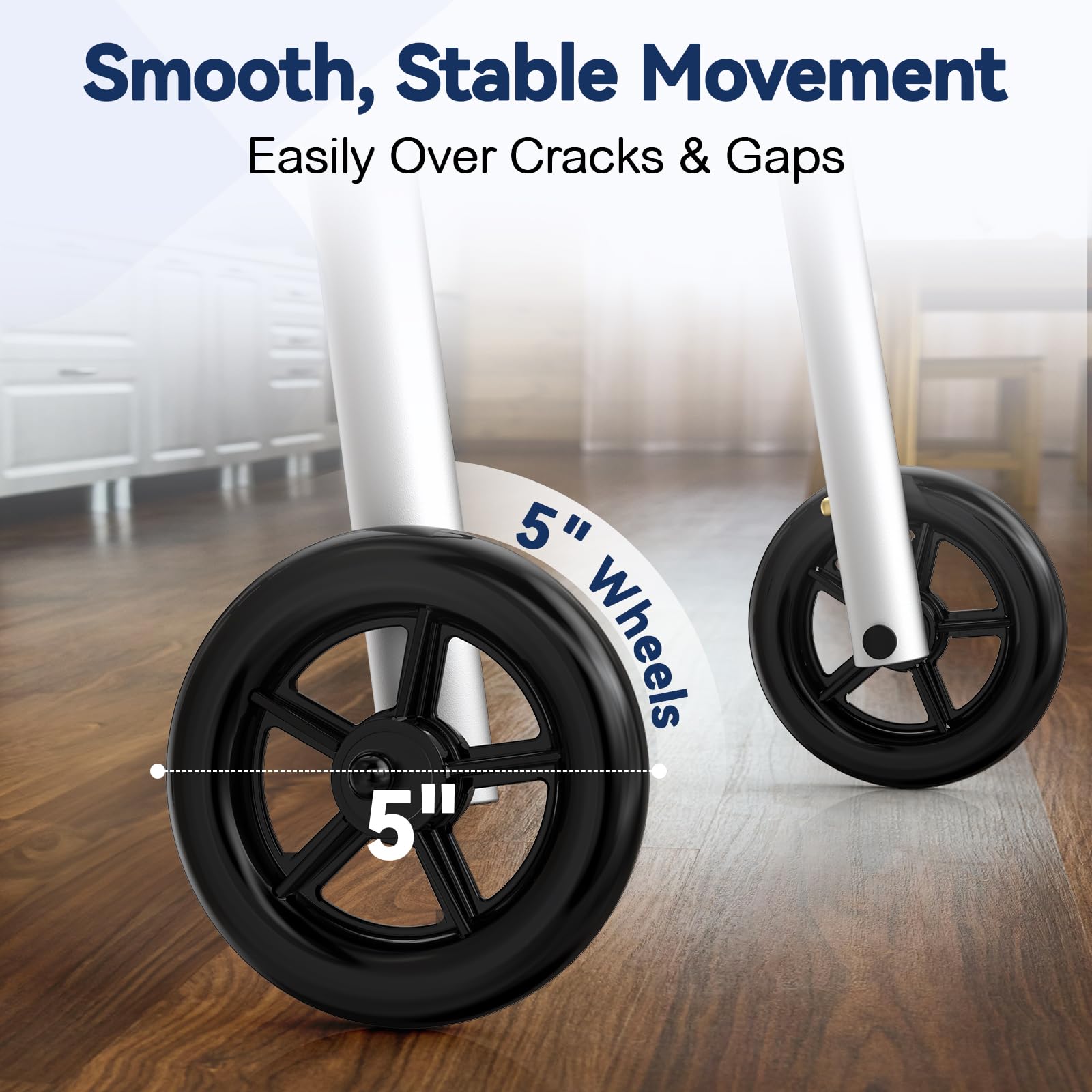 HolyHeal Folding Walkers for Seniors with 2 Skis and 5" Wheels, Lightweight Adult Rolling Walker, Supports Up to 350 Pounds, Adjustable Height, Aluminum Standard Walker, Silver