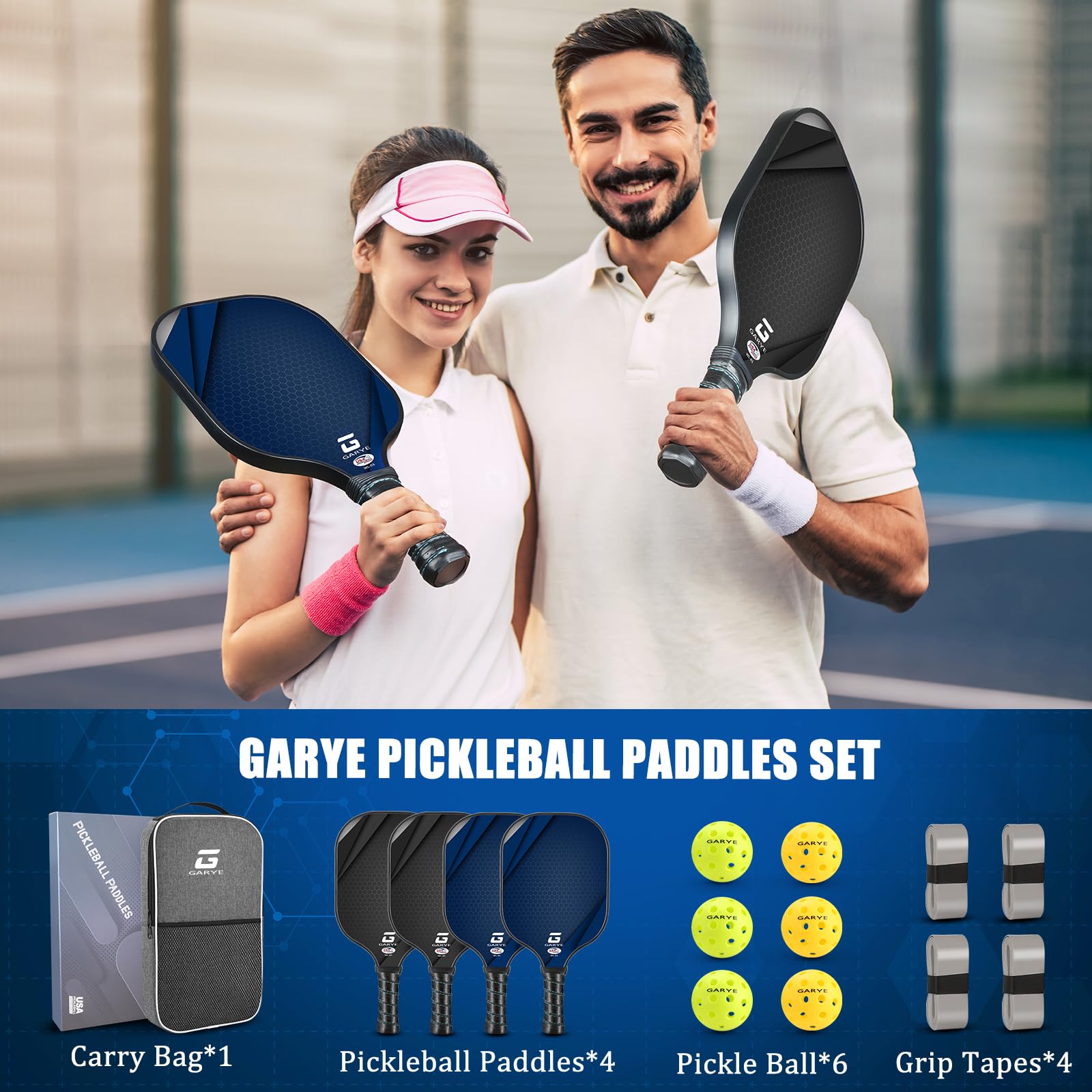 GARYE Pickleball Paddles Set of 4, Carbon Fiber Pickle Ball Paddle, USAPA Approved Lightweight Rackets 4 Pack for Adults and Teenagers, Includes 6 Balls, 1 Bag, and 4 Grip Tapes.