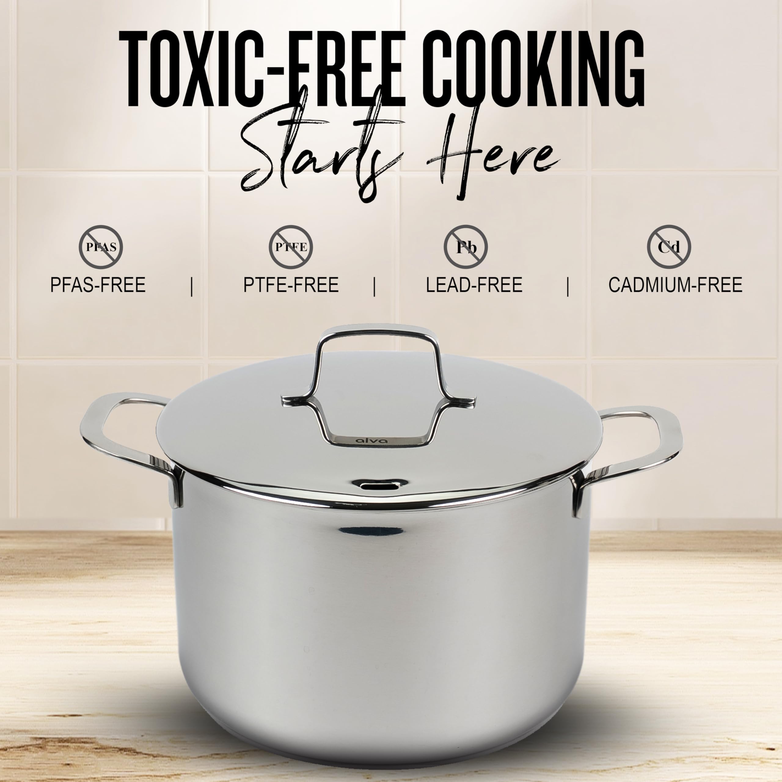 Alva Maestro Professional Stainless Steel Cookware Set - Premium Stock Pot & Saucepan with Lids - Non-Toxic, PFAS/PFOA/PTFE-Free Kitchen Essentials - Induction & All Stovetop Compatible - Oven Safe