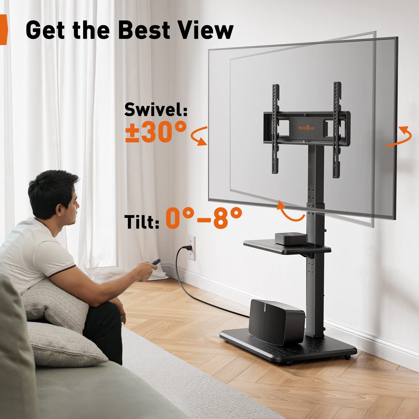 Perlegear Floor TV Stand with Power Outlet, Universal TV Stand for 32-75 inch TVs up to 110 lbs, Height Adjustable TV Stand with Swivel, Floor TV Mount Stand with Wood Base, Max VESA 600x400mm, PGFS06