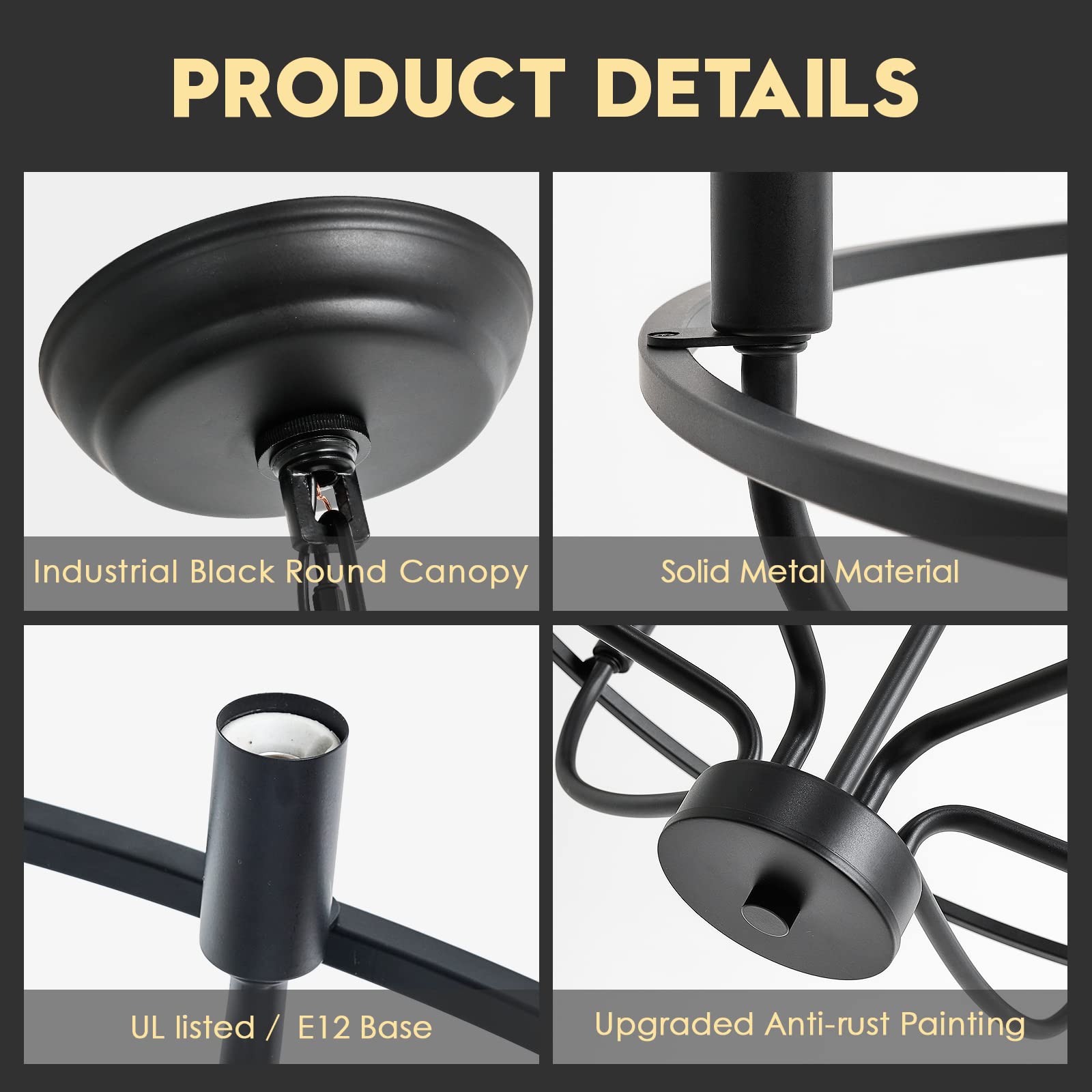 FookChak 6-Light Black Chandelier Light Fixture Industrial Candle Chandelier Black Chandeliers for Dining Room for Bedroom, Living Room,Kitchen,28.54in, E12