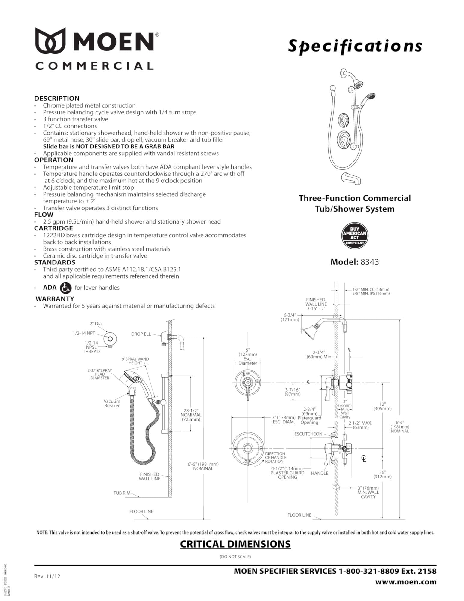 Moen Commercial Two-Handle PosiTemp Showerhead & Handheld Showerhead, Chrome (8343)