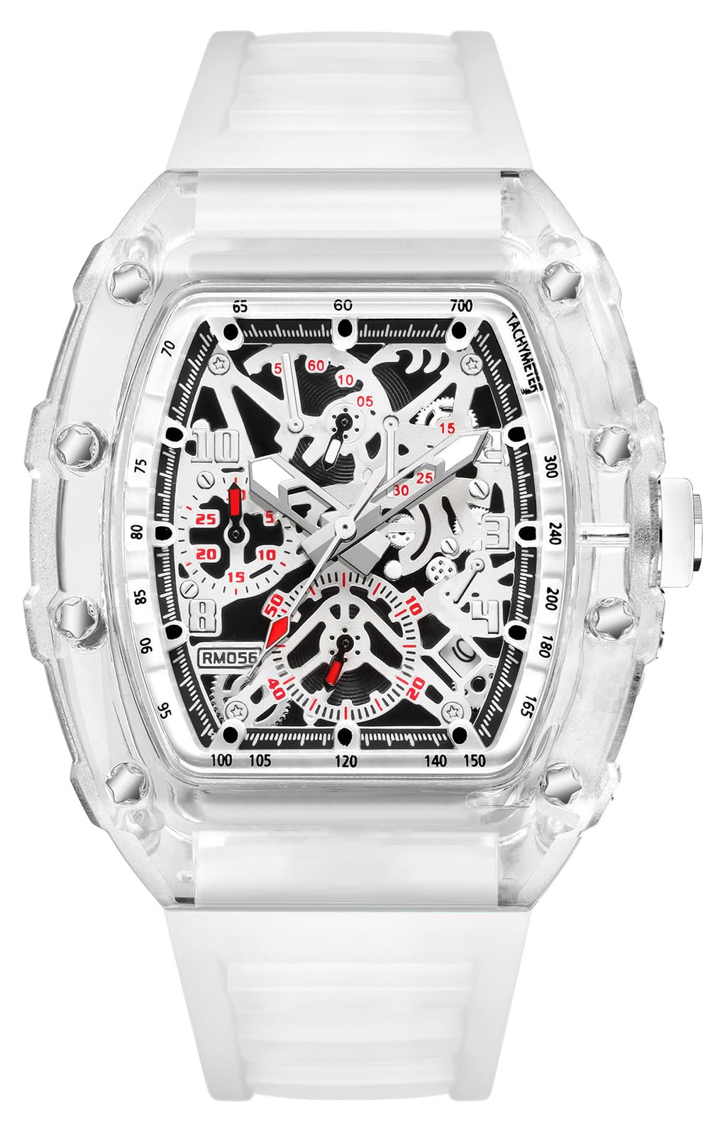 BESTKANG Fashion Hollowed Men Watches Transparent Tonneau Analog Display Quartz Date Waterproof Male Wrist Watch (White)