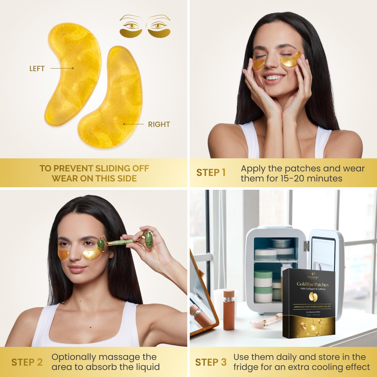 PLANTIFIQUE Gold Under Eye Patches for Puffy Eyes and Dark Circles 20 Pairs Under Eye Masks for Dark Circles and Puffiness Eye Gels with Collagen & Caffeine Anti Aging Gold Eye Mask Skincare
