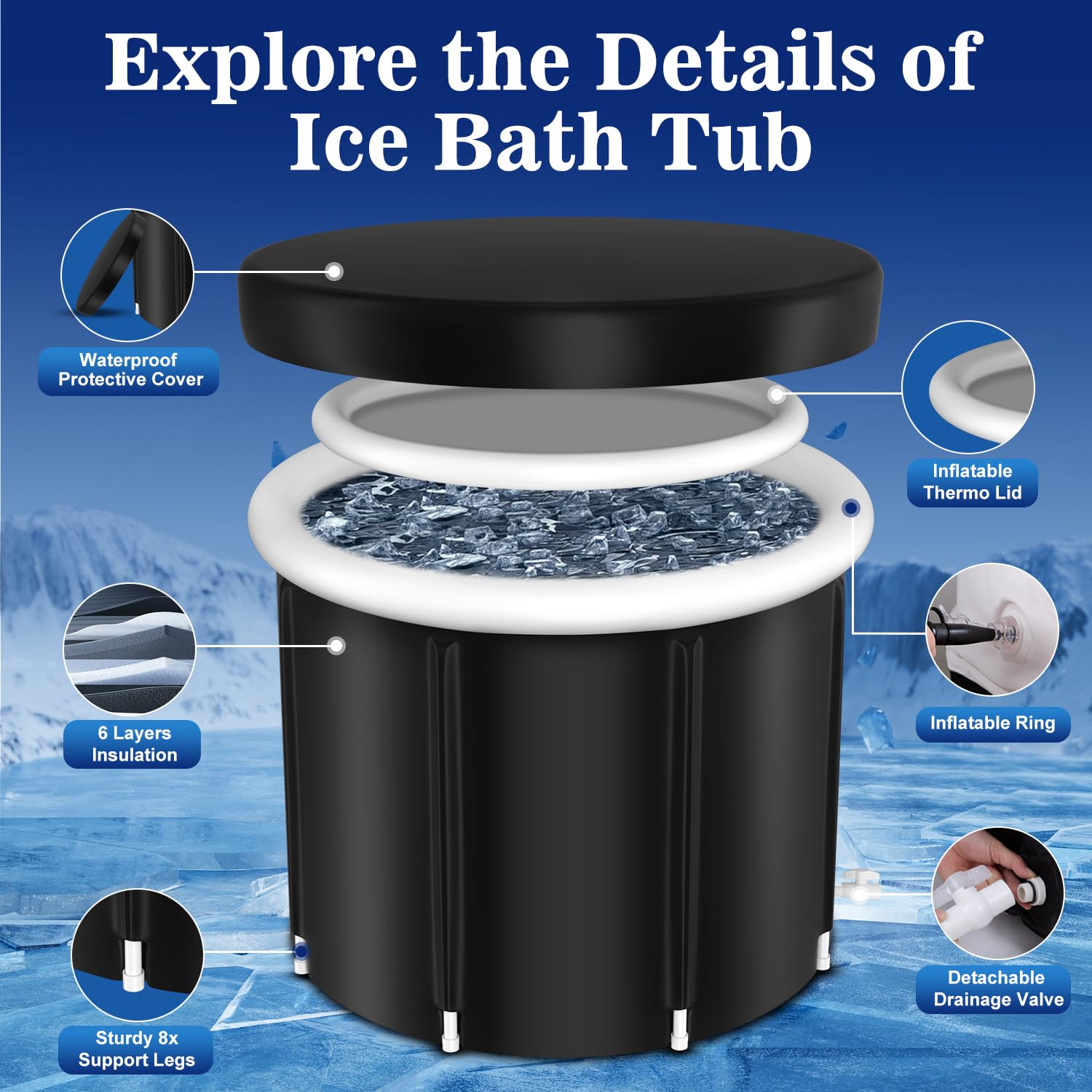 CRLAST Ice Bath Tub, XL Large Cold Plunge Tub for Cold Water Therapy Recovery, 110 Gal Portable Ice Bathtub Athletes Adult at Home Outdoor, Foldable Inflatable tub with Cover and Lid