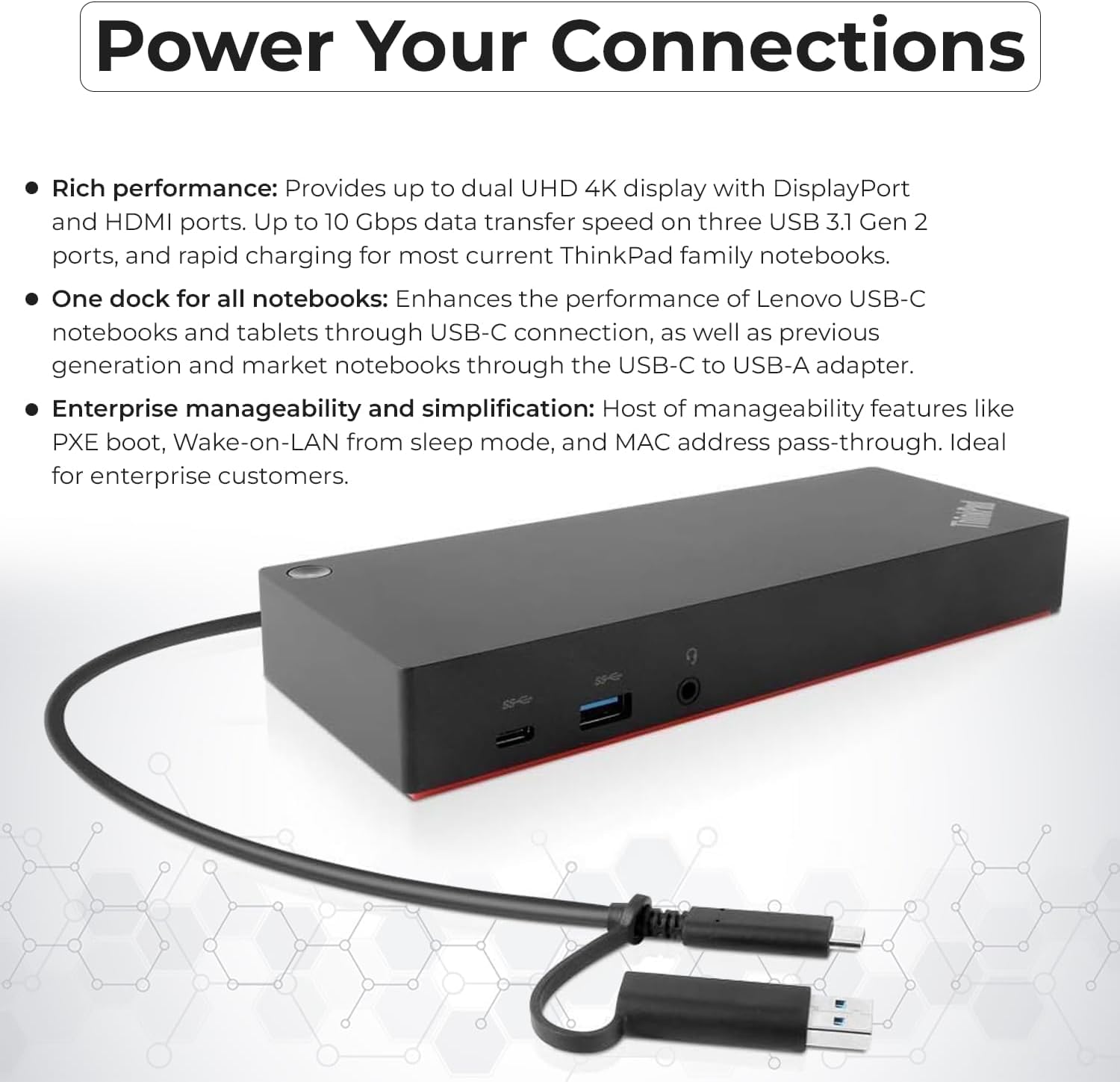 40AF0135US Docking Station Dual Monitor Hybrid USB-C with USB-A - 1 Year Warranty, Thinkpad Dock w/ 135W Adapter, HDMI, DisplayPort, USB-C Cable, Cloth - Laptop Docking Station (Renewed)