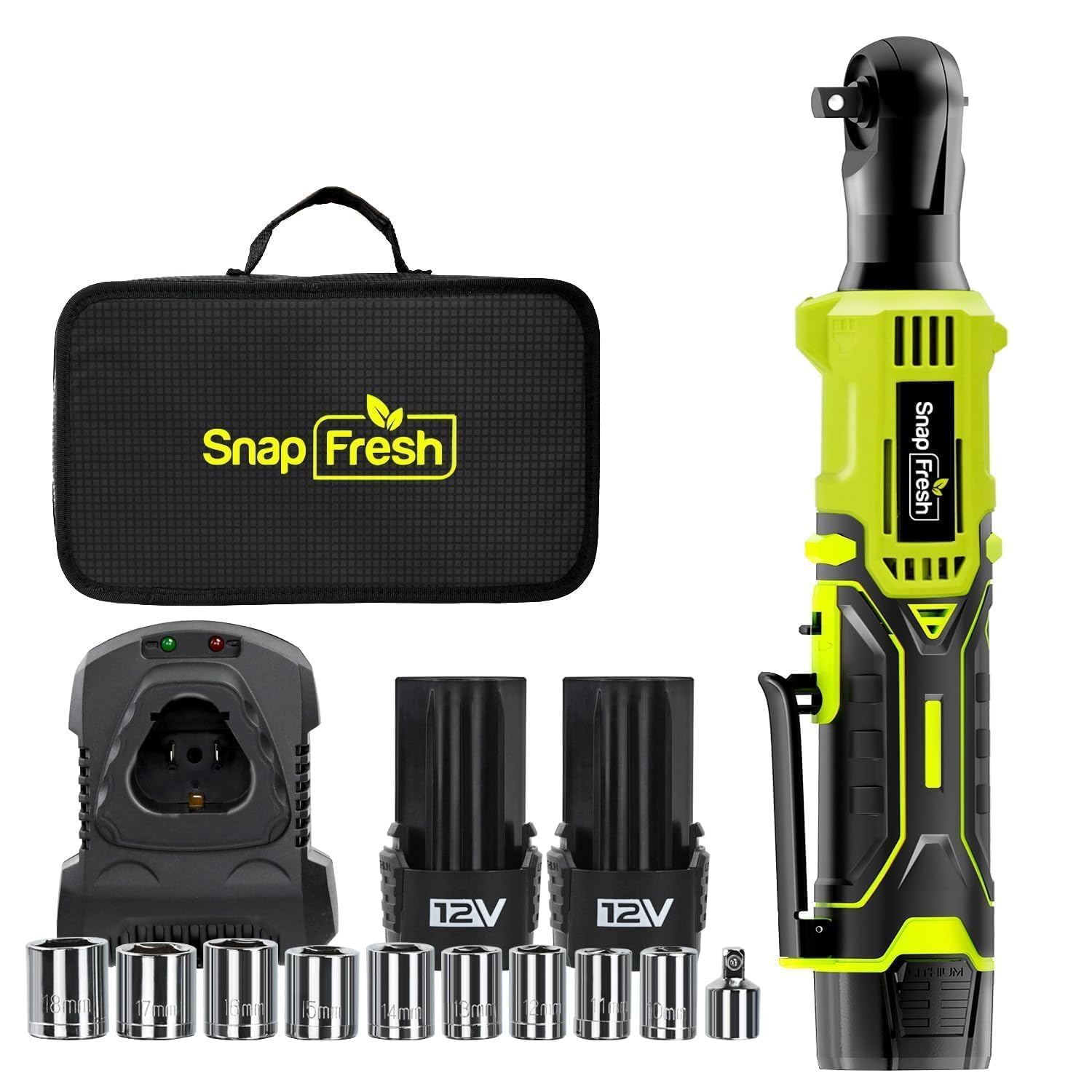 SnapFresh Cordless Electric Ratchet Wrench – 55 ft-lbs Torque, 12V Sub-Compact 3/8" Drive Power Tool with Variable Speed, 9 Sockets, 1/4" Adapter, (2×2.0Ah Batteries & Fast Charger)