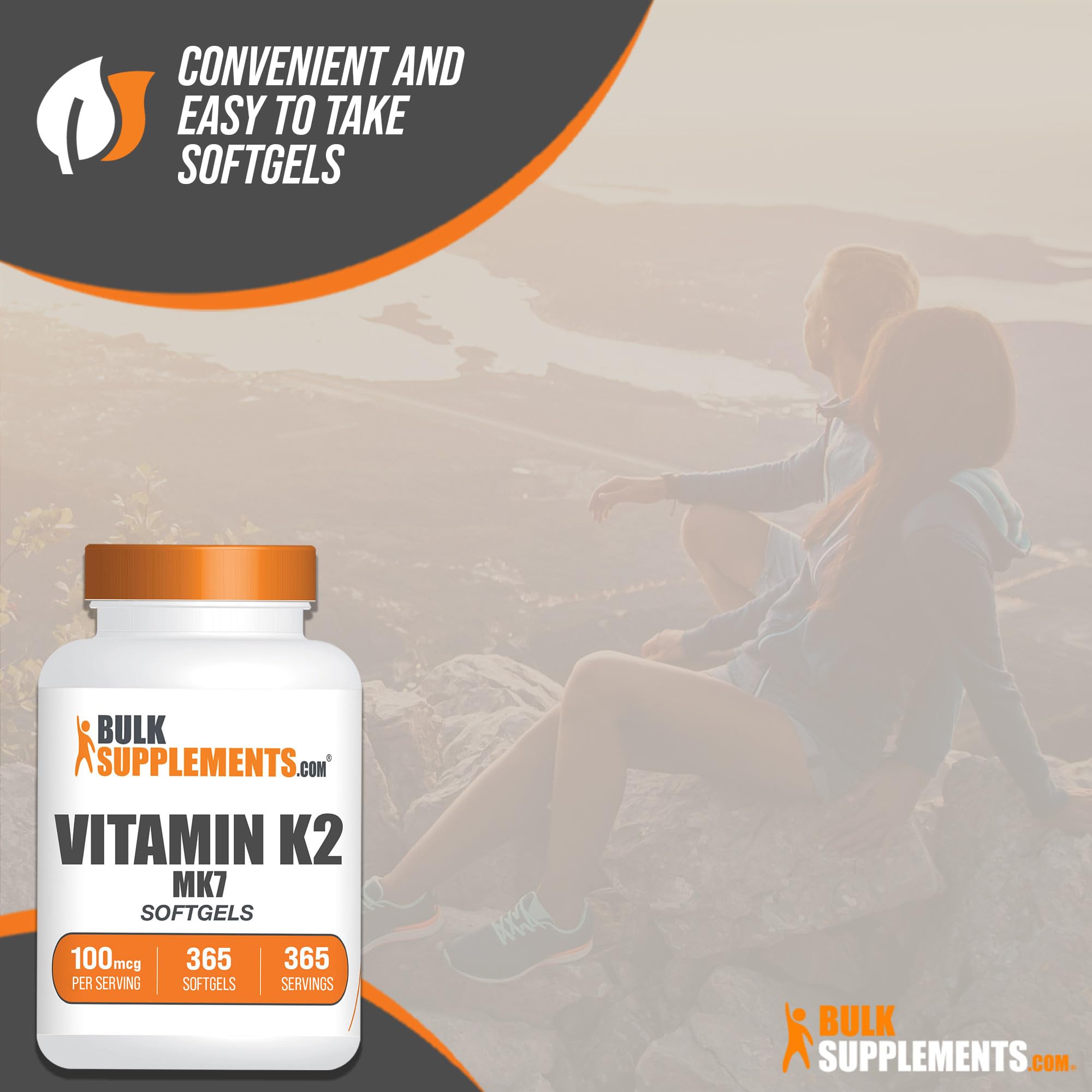 BulkSupplements.com Vitamin K2 Softgels - Vitamin K2 MK7, Vitamin K2 Supplement, Vitamin K2 100 mcg - MK7 Vitamin K2 for Bones, Gluten Free - 1 Softgel per Serving, 365 Softgels