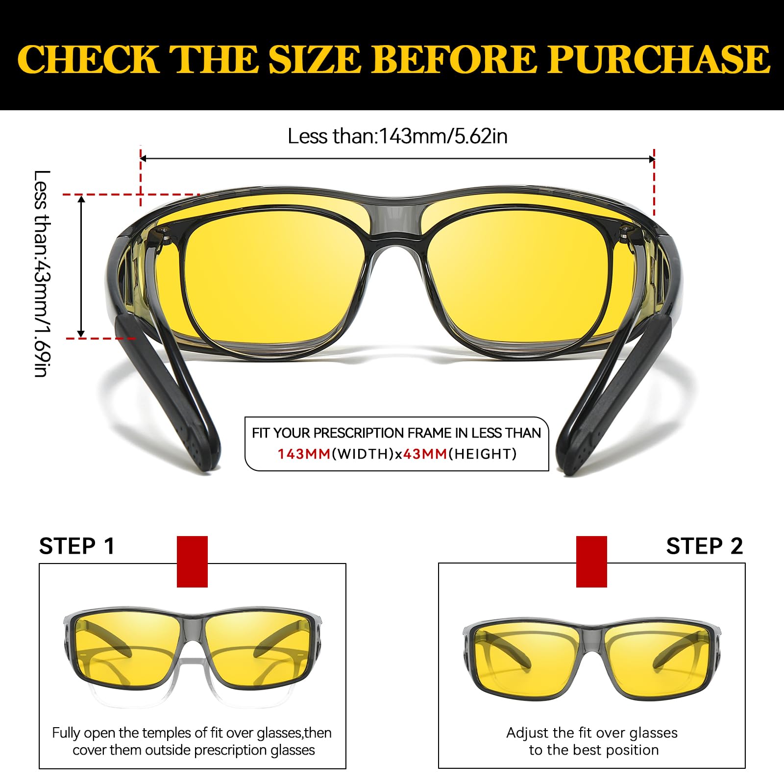 TJUTR Night Vision Driving Glasses Fit Over Eyeglasses for Men Women, Anti Glare Polarized Yellow Lens for Nighttime TN2512