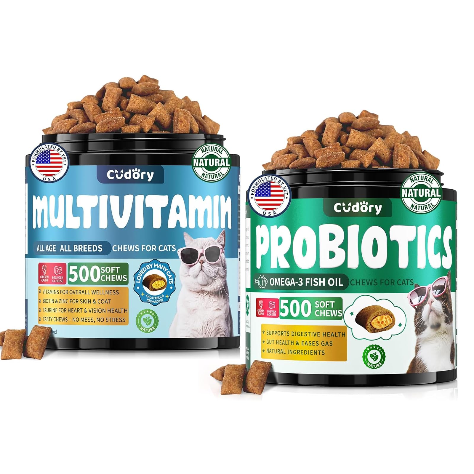 Cat Probiotics Tasty Chews for Digestive & Gut Support Cat Multivitamin, Crunchy & Creamy Cheese Chew– Supports Energy and Skin & Coat