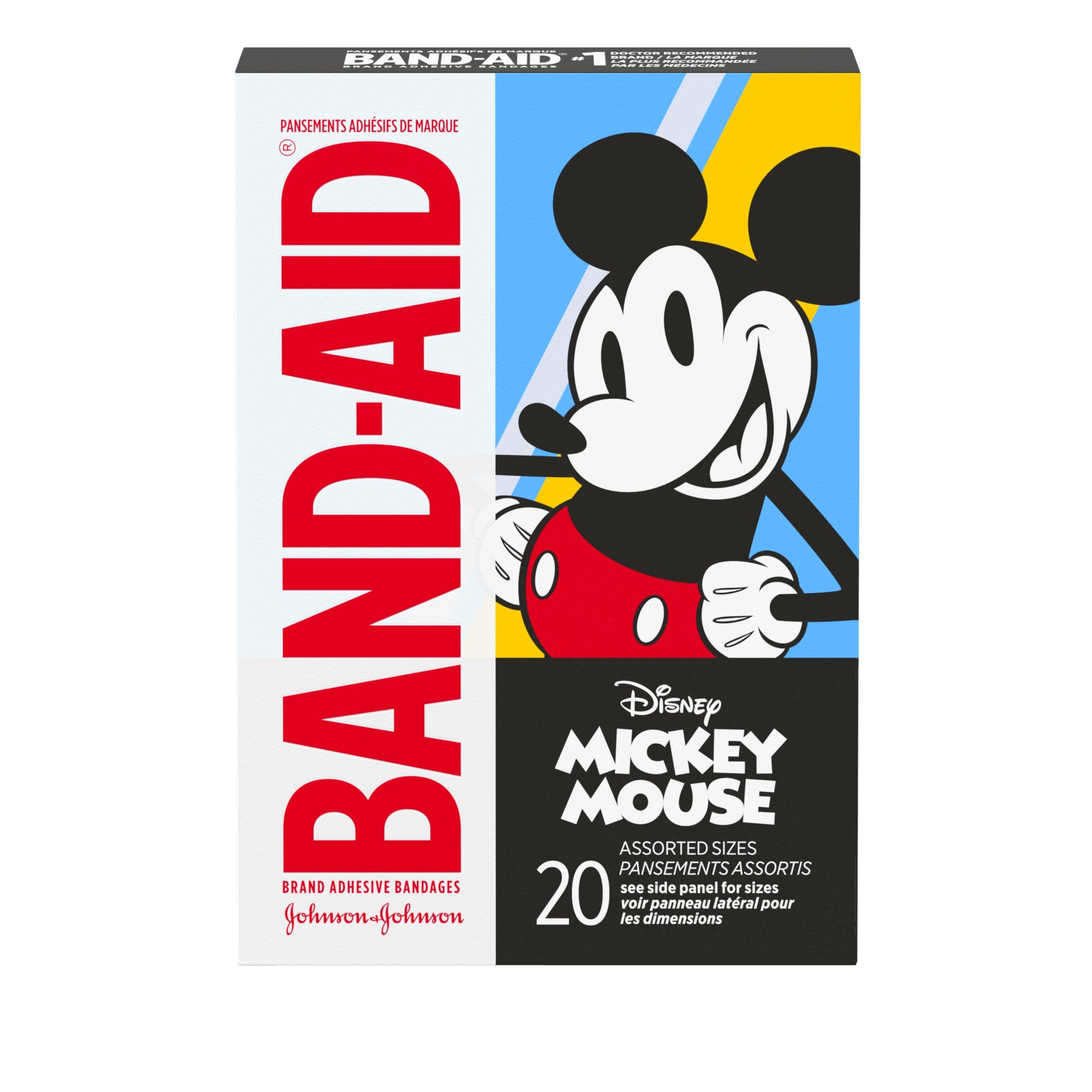 Band-Aid Brand Adhesive Bandages for Minor Cuts & Scrapes, Wound Care Featuring Disney's Mickey Mouse, Fun Bandages for Kids and Toddlers, Assorted Sizes, 20 Count