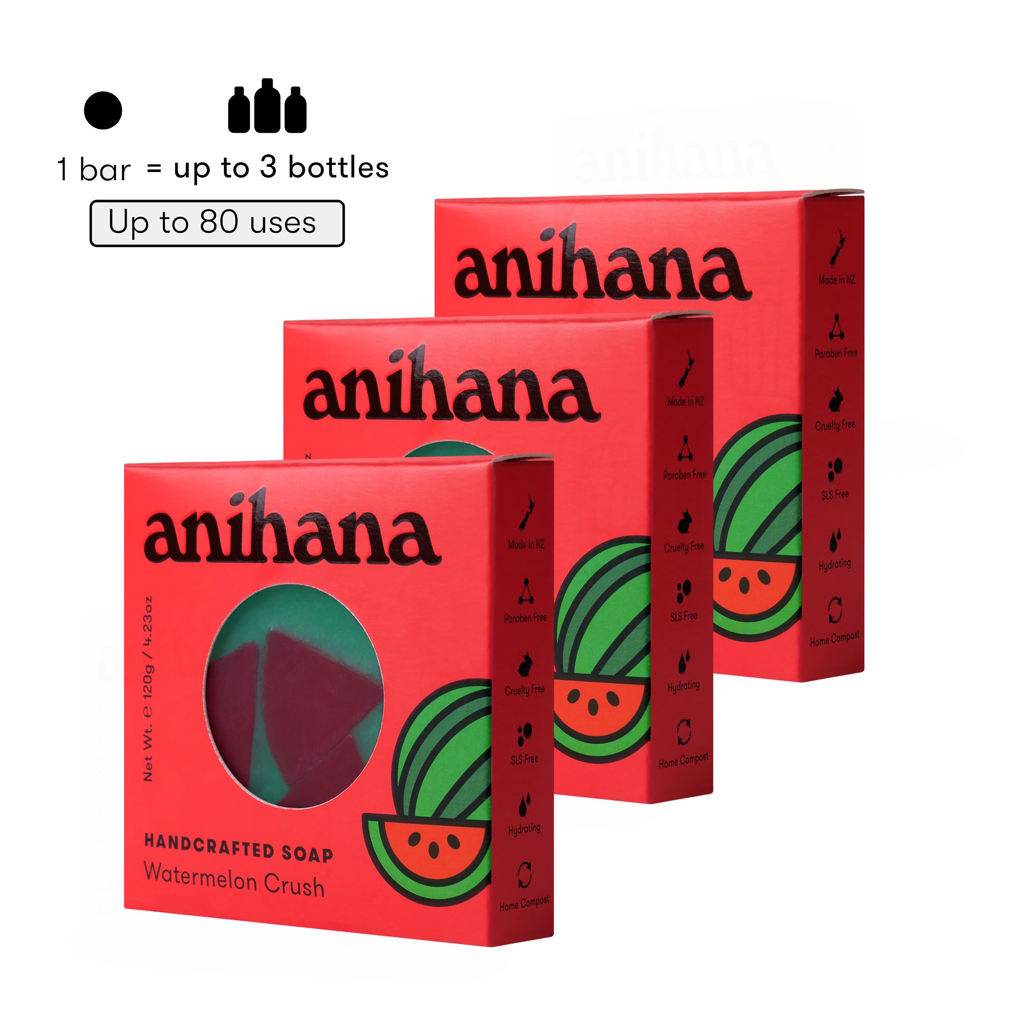ANIHANA Handcrafted Soap 3 Pack with Coconut Oil, Gentle Cleansing Paraben Free Cruelty Free Refreshing Watermelon Crush Scent 4.23 oz each