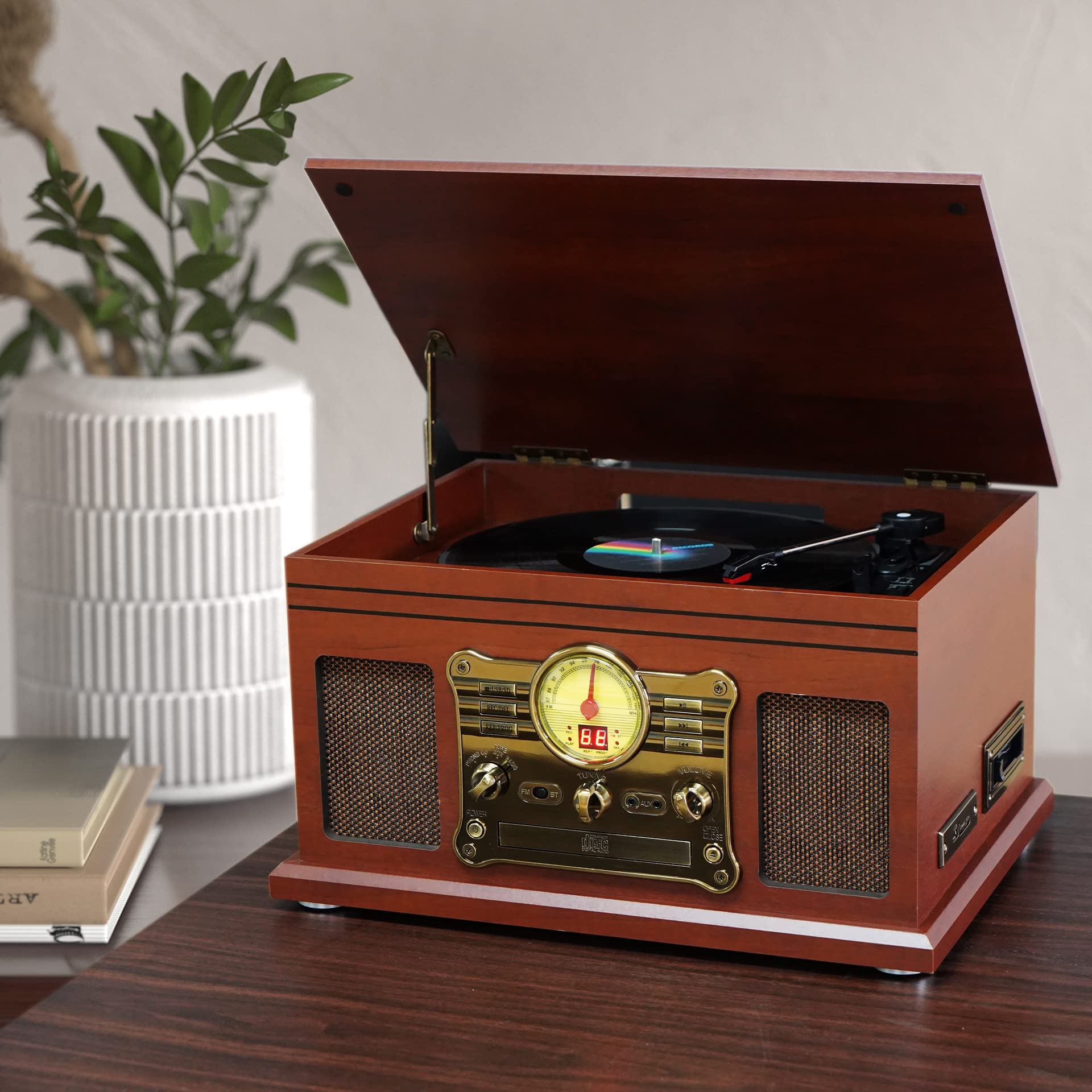 10 in 1 Bluetooth Record Player, 3-Speed Turntable for Vinyl with Speakers, LP to MP3 Converter, CD, Cassette Player, FM Radio, Wireless Streaming | Mahogany