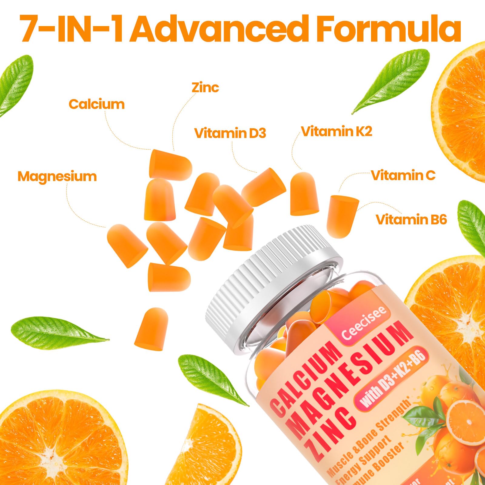 Calcium Magnesium Zinc Gummies with D3 &B6 &K2,1000mg Calcium Gummies with 300mg Magnesium Support Immune Energy for Adults and Teens,Sugar Free(120Count)