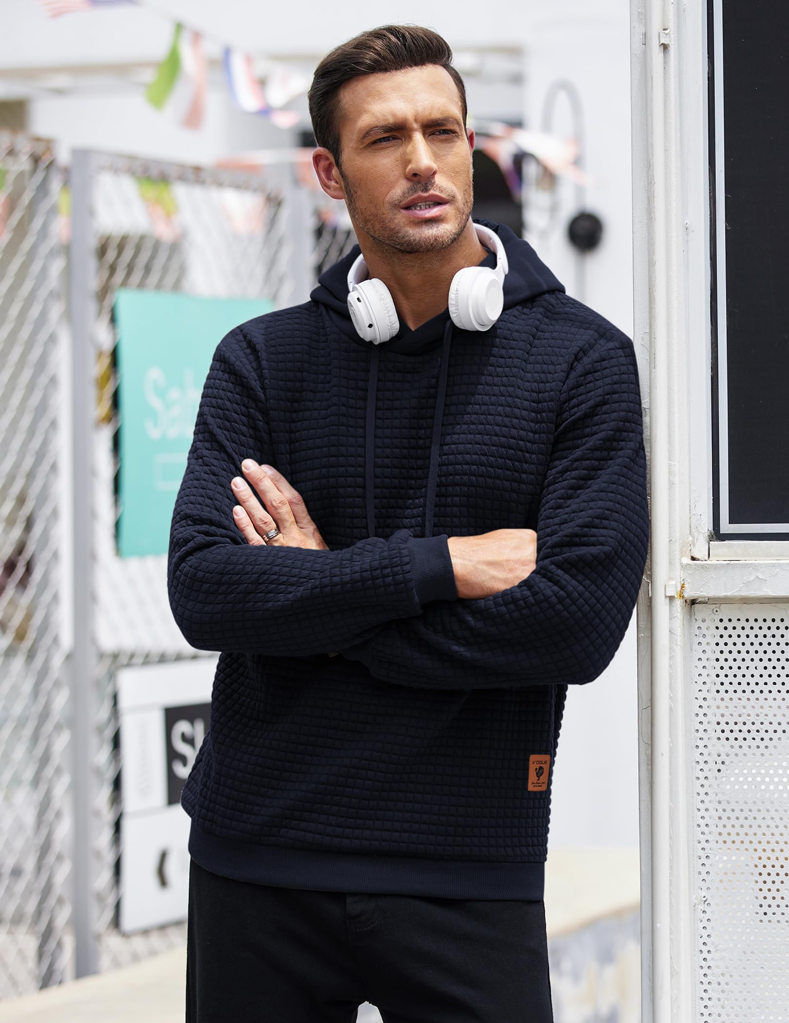 COOFANDY Men's Basic Sweatshirt Long Sleeves Hooded Drawstring Waffle Knit Hooded Sweatshirts Navy Blue