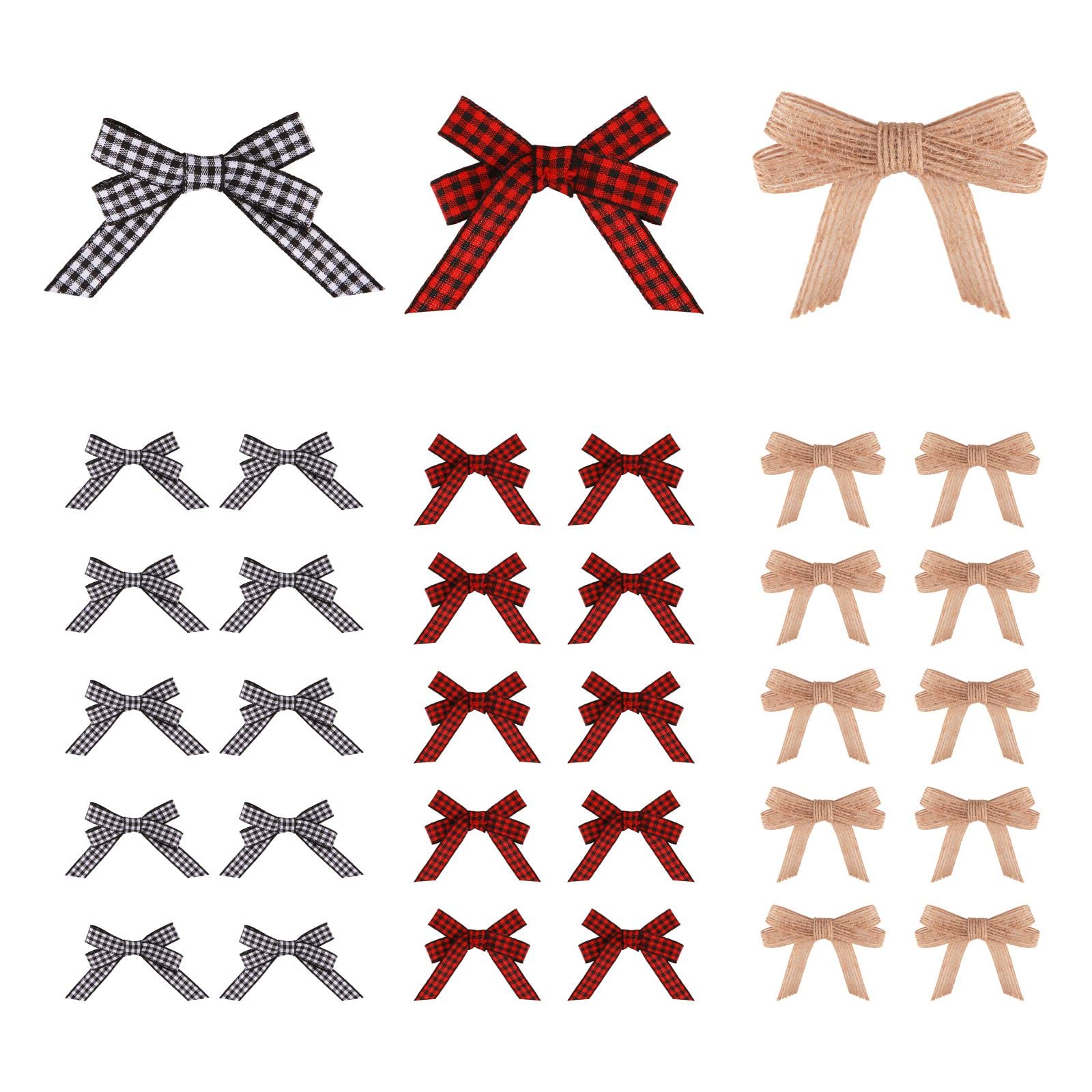 Meseey 30pcs 2.4" Mini Buffalo Check Plaid Red and Black Ribbon Twist Tie Burlap Bow White and Black Gingham Ribbon Double Bows for Packages Gift Wrapping Christmas Decoration