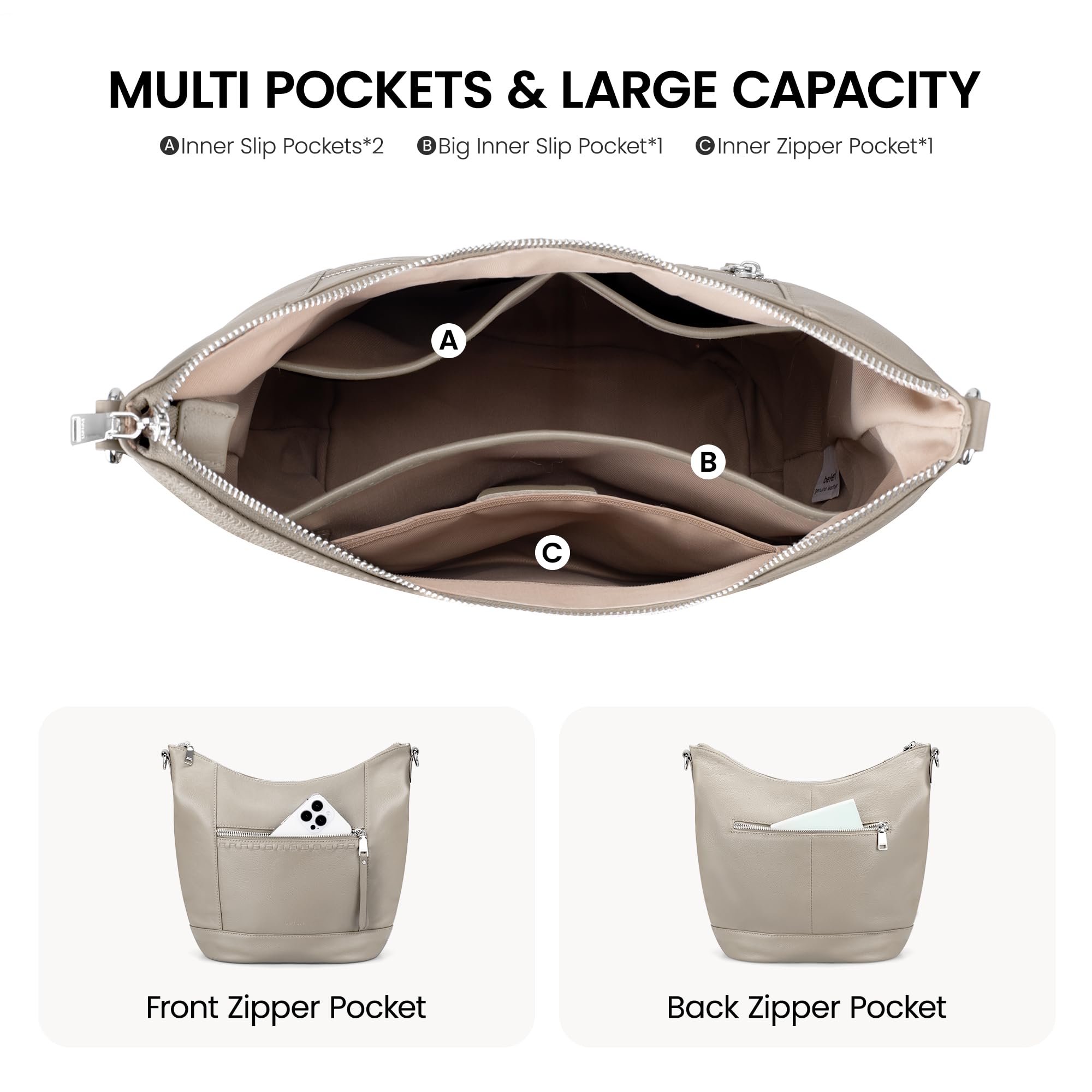 befen Soft Shoulder Bags for Women Genuine, Medium Leather Purses for Women, Ladies 100 Percent Leather Purse, Lightweight Shoulder Handbags Beige Grey