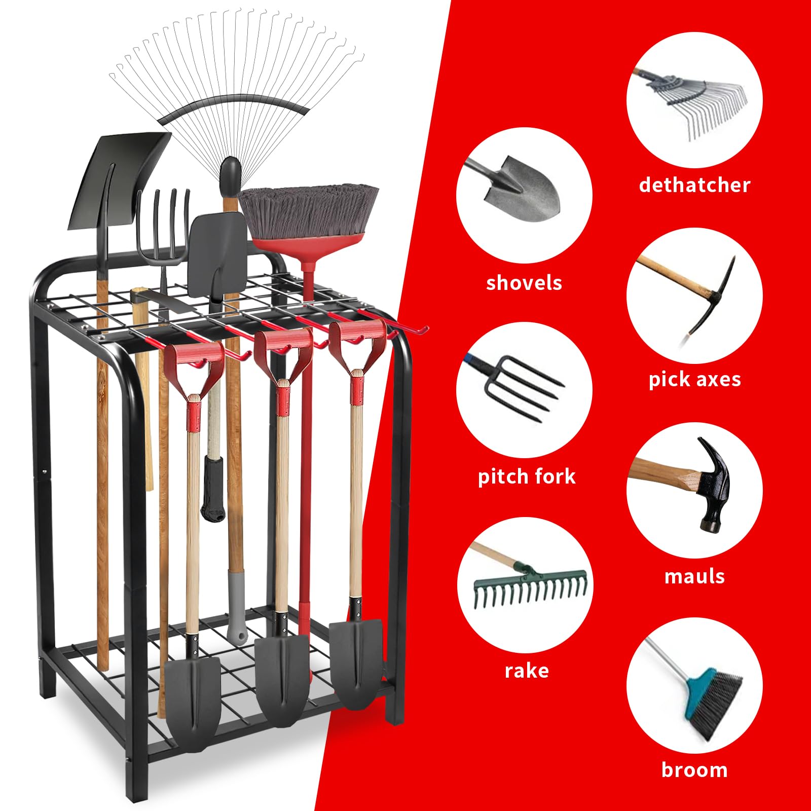 Trieez Heavy Duty Garden Tool Storage, Alloy Steel Garden Tool Organizer - Sturdy Metal Garden Tool Organizer for Garage, Tools, Shed, Yard Tool Holder, Garage Tool Organizer Rack - BLK