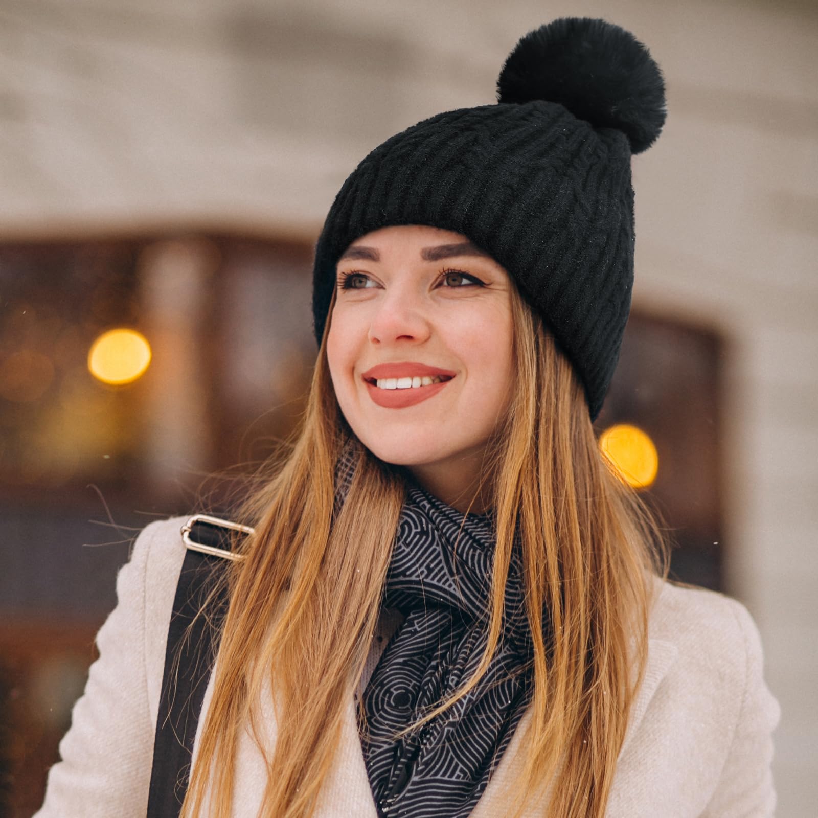 Loiyadn Women's Winter Beanies - Knit Beanie Hats with Faux Fur, Soft and Warm - Black