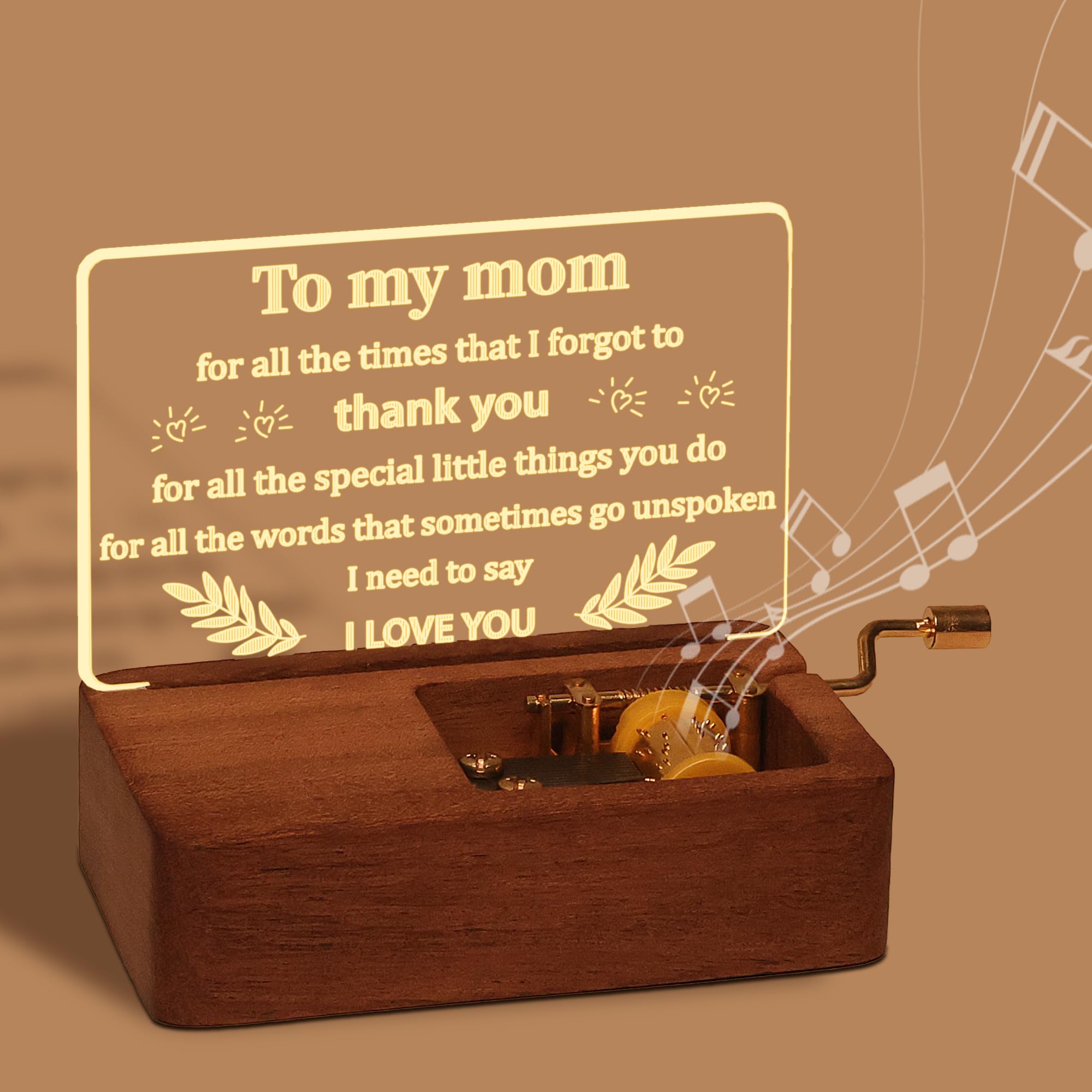 OkiyiD Gifts for Mom, Mom Birthday Gifts from Daughter Son, You are My Sunshine Music Box Hand Crank Engraved - Lighting Musical Box Idea