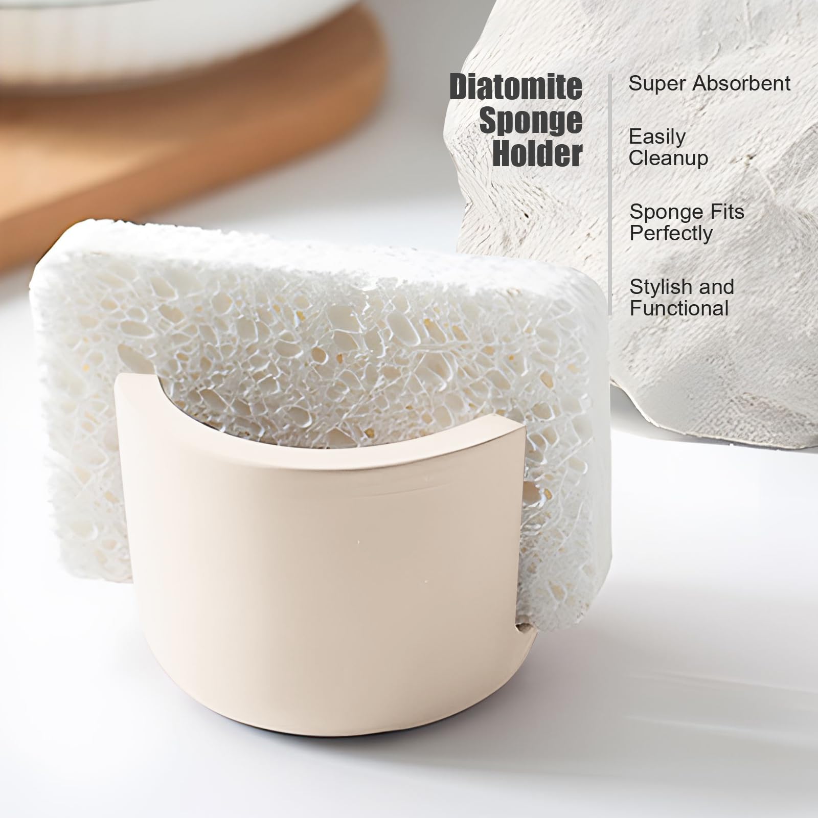 Slow Slog Sponge Holder, Dish Sponge Holder Caddy, Diatomite Sponge Holder, Quick Dry Kitchen Sink Organizer, Stone Sponge Holder for Kitchen Sink, Beige
