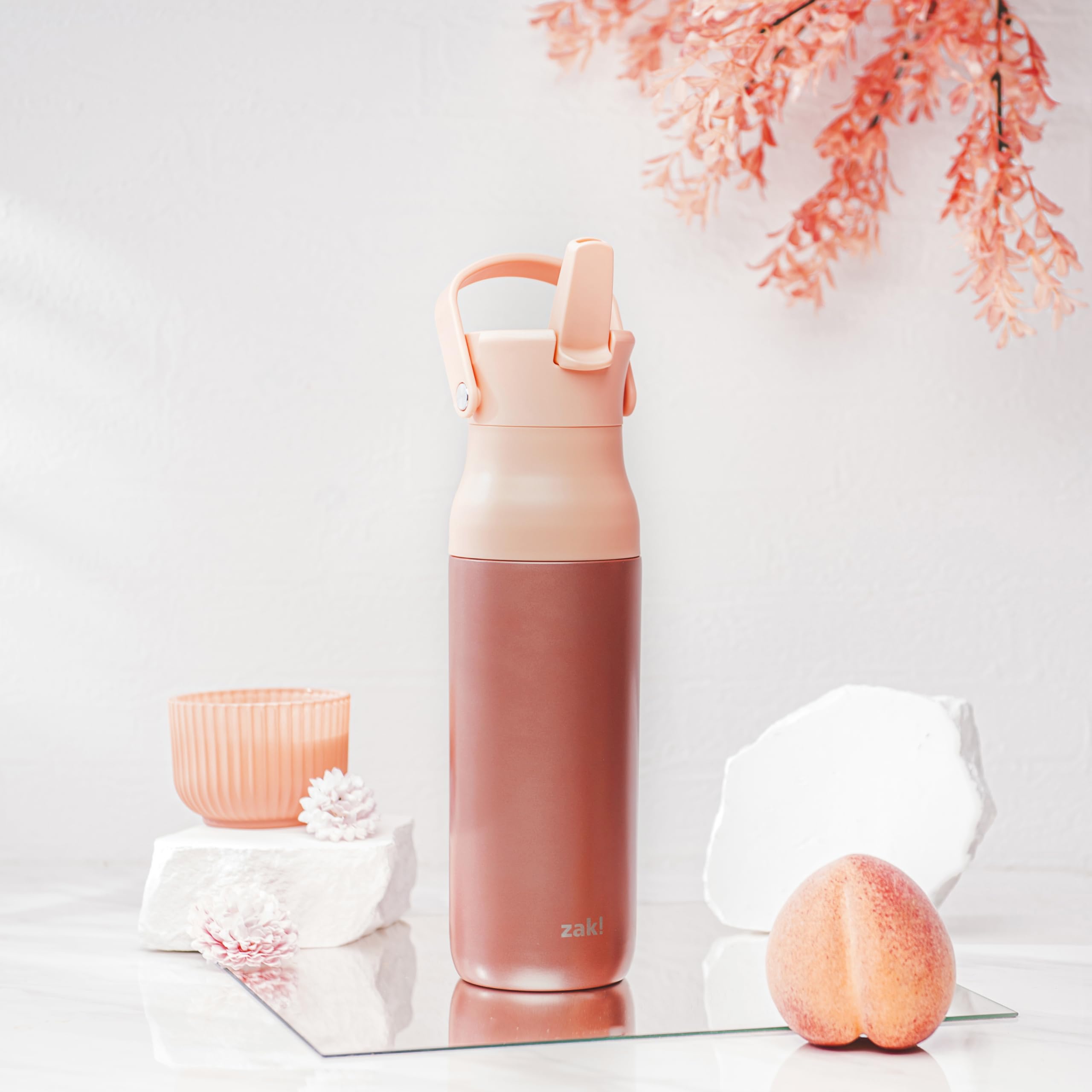 Zak Designs Harmony Water Bottle for Travel or At Home, 32oz Recycled Stainless Steel is Leak-Proof When Closed and Vacuum Insulated with Straw Lid and Carry Handle (Coral Pink)