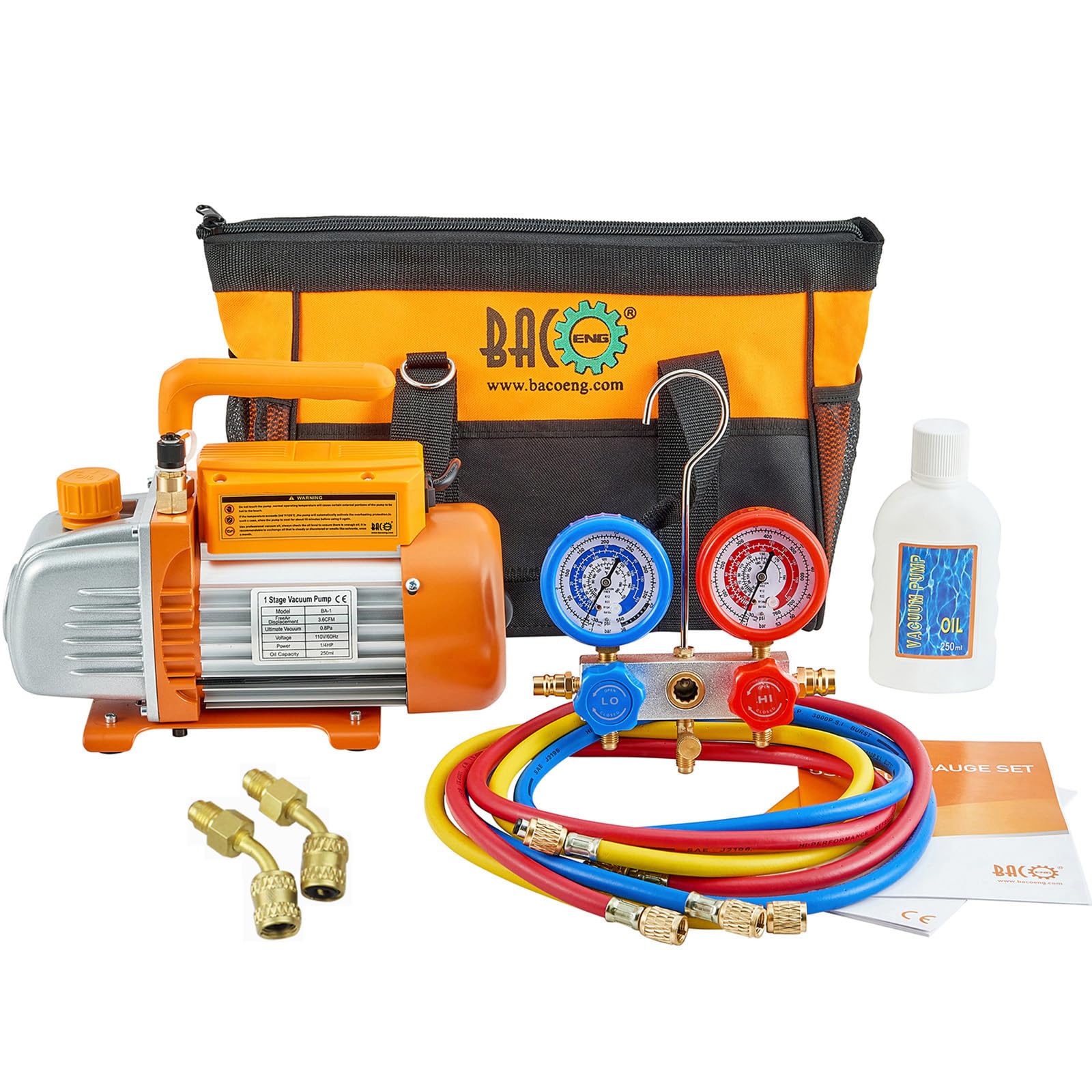 BACOENG 3.6CFM Vacuum Pump and Gauge Set - Home Mini Split Vacuum Pump Kit - Diagnostic R22 R32 R410A - w/Case & R410a Mini Split Adapters