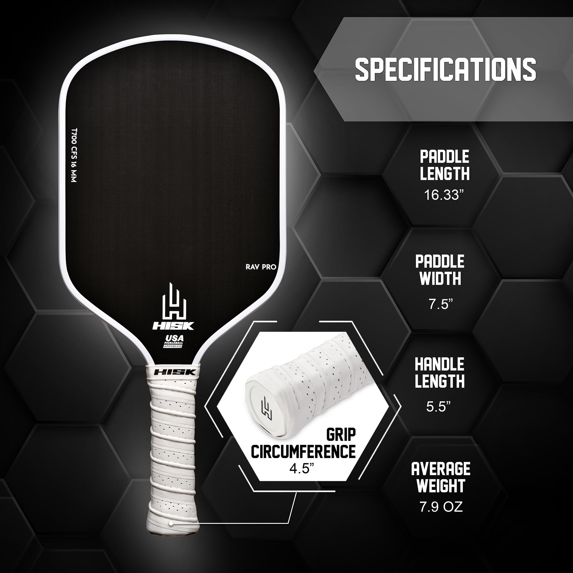 HISK RAV PRO Pickleball Paddle - Ultimate HIGH END 16mm Japanese Toray T700 Raw Carbon Fiber CFS w/Excellent GRIT Roughness Texture, Aero Dynamic Curve, USAPA Approved, Non Slip Grip