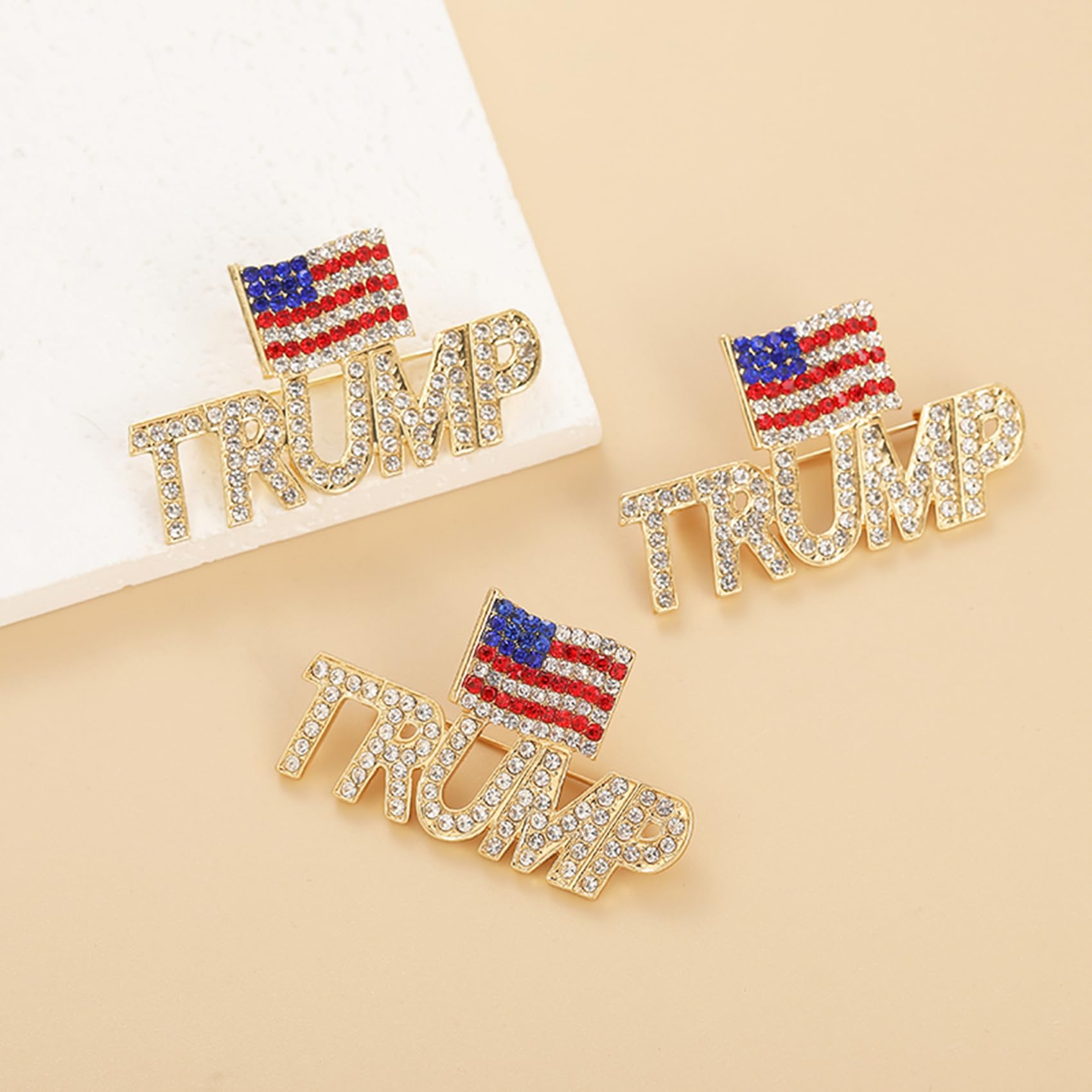 Crystal Trump Brooch with The USA Flag Word Brooch Pin Souvenir for United States of 2024 Presidential Election