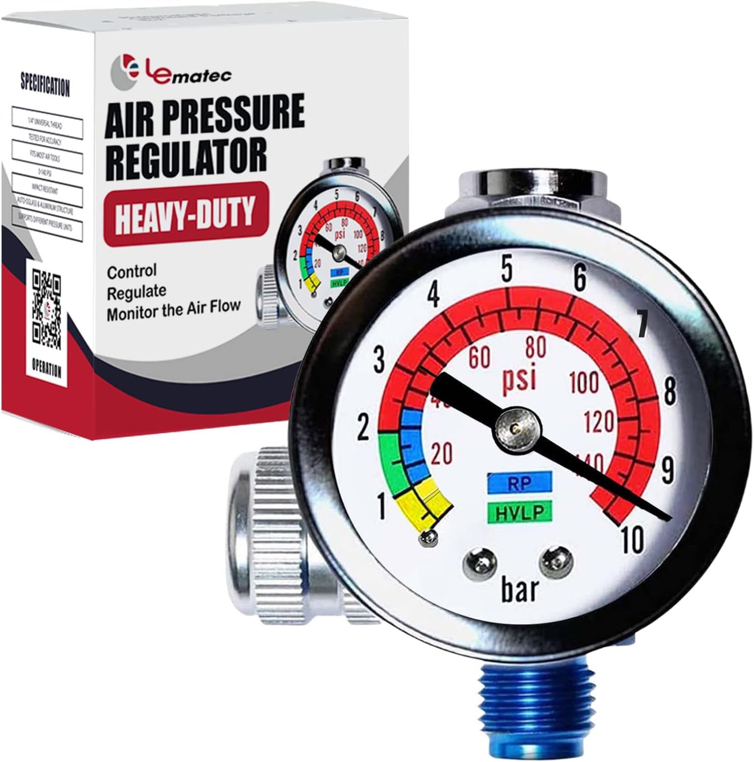 LE LEMATEC Air Compressor Regulator Valve with Pressure Gauge, for Precise Control in Air/Pneumatic Tool Applications, Spray Painting, Tire Inflation and More, ¼ NPT, 0-150 PSI (AR-01)