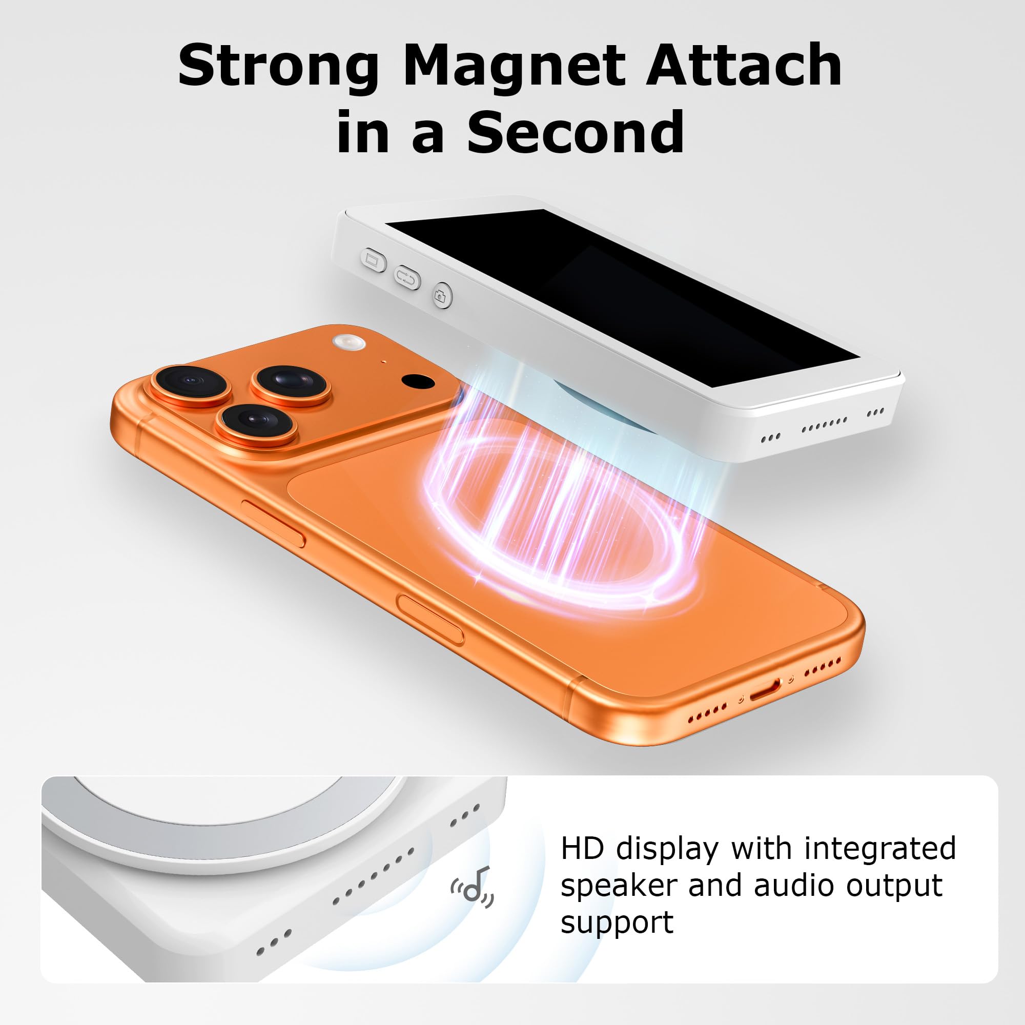 Vlog Selfie Monitor Screen for iPhone 17 Series & Android, Wireless Magnetic Built-in Speaker 4K/1080P Phone Back Camera Monitor with Remote Control for Live Stream TikTok (White)