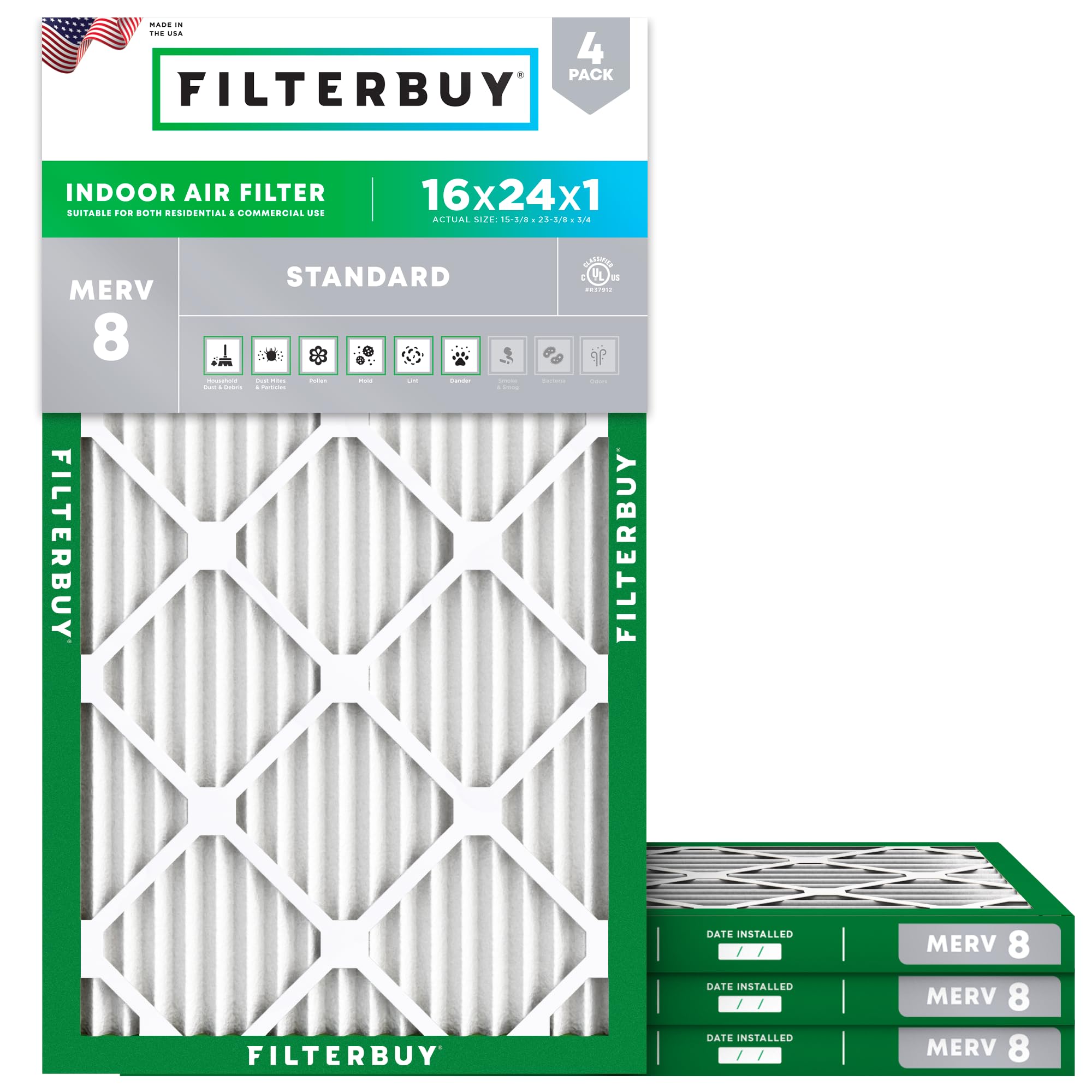 Filterbuy 16x24x1 Air Filter MERV 8 Dust Defense (4-Pack), Pleated HVAC AC Furnace Air Filters Replacement (Actual Size: 15.38 x 23.38 x 0.75 Inches)