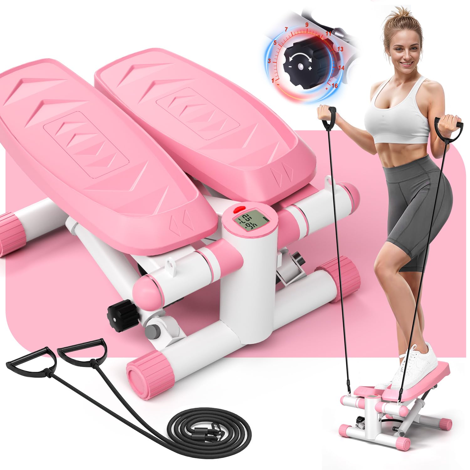 VitalLeap Steppers for Exercise at Home, Adjustable Resistance Stair Steppers for Women with Arm Training Bands, 10DB Super Quiet Mini Steppers with 350LBS Loading Bearing Home Fitness Equipment
