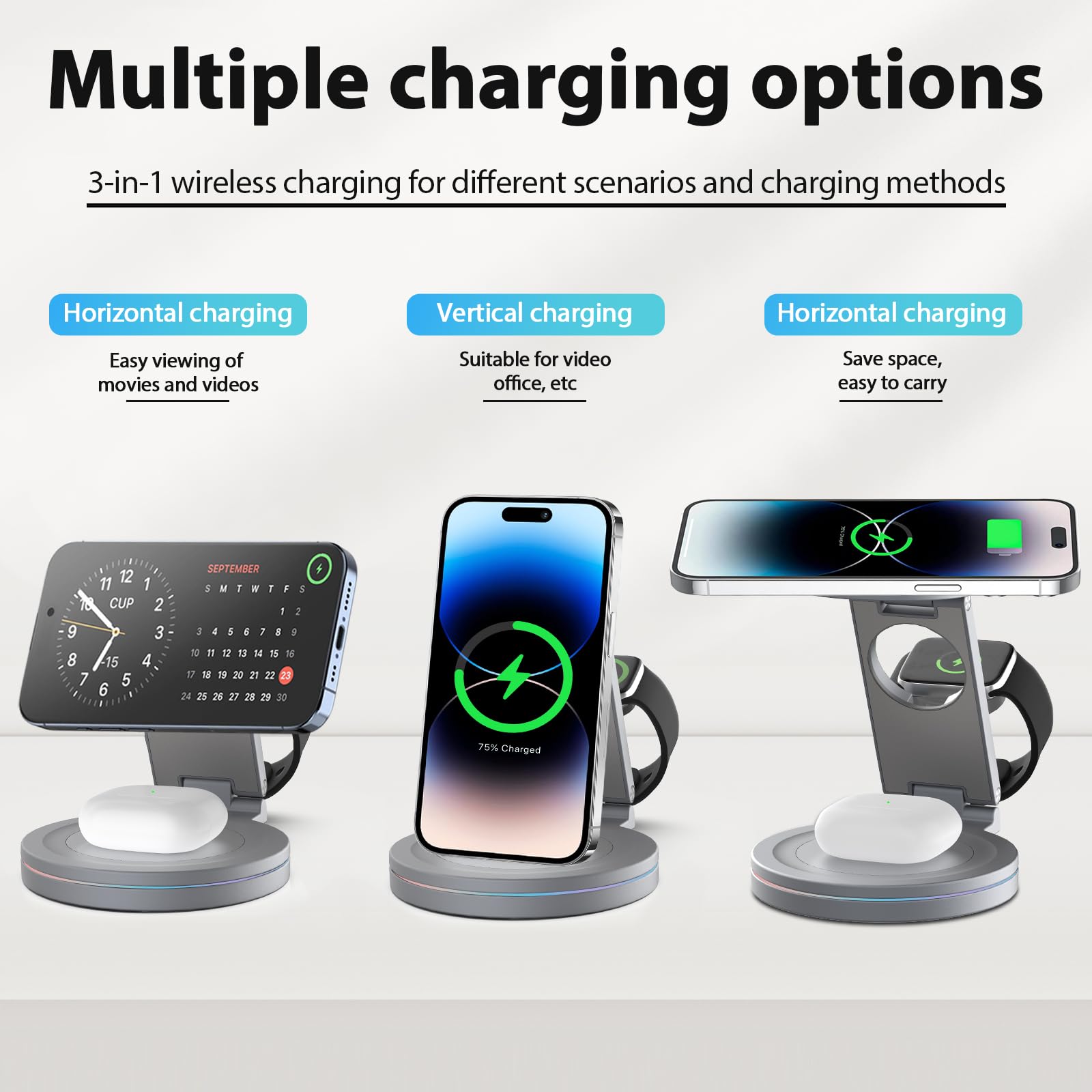 kytuwy Wireless Charger iPhone, 3 in 1 Charging Station for Apple Charger, Portable Charging Stand for iPhone 15 14 13 12 Series Apple Watch Ultra 9 8 7 6 SE 5 4 3/AirPods Pro 2