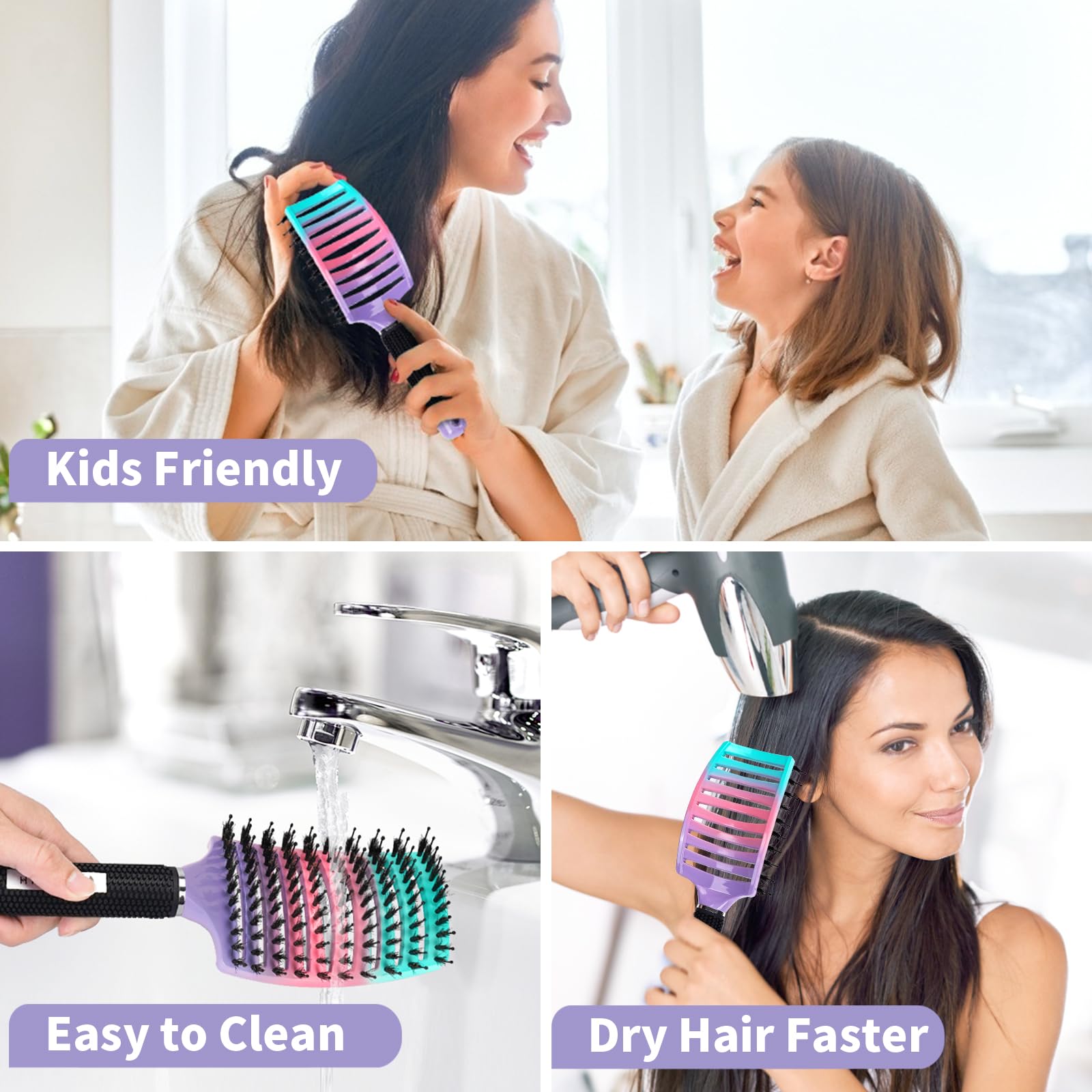 Detangling Brush 2 Pack, HIPPIH Detangler Hair brush for Adult & Kids’ Wet or Dry Hair, Boar Bristle Hair Brush Getting Knots Out without Pain Adds Shine and Makes Hair Smooth Purple