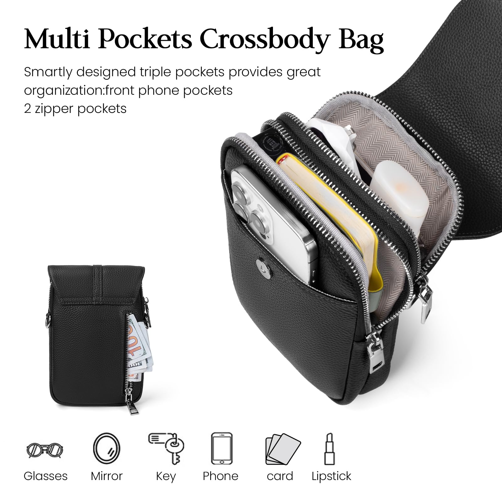 befen Black Genuine Leather Crossbody Purses for Women, Cell Phone Bags with RFID Pocket Small Women's Crossbody Handbags, Light Weight Shoulder Purses for Women