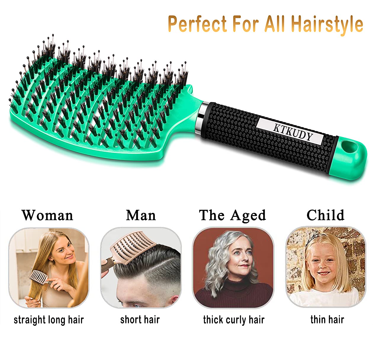 KTKUDY Detangling Brush Boar Bristles Hair Brush Make Hair Shiny & Healthier Curved and Vented Detangler Brush for Women Men Kids Wet & Dry Hair (Light green)